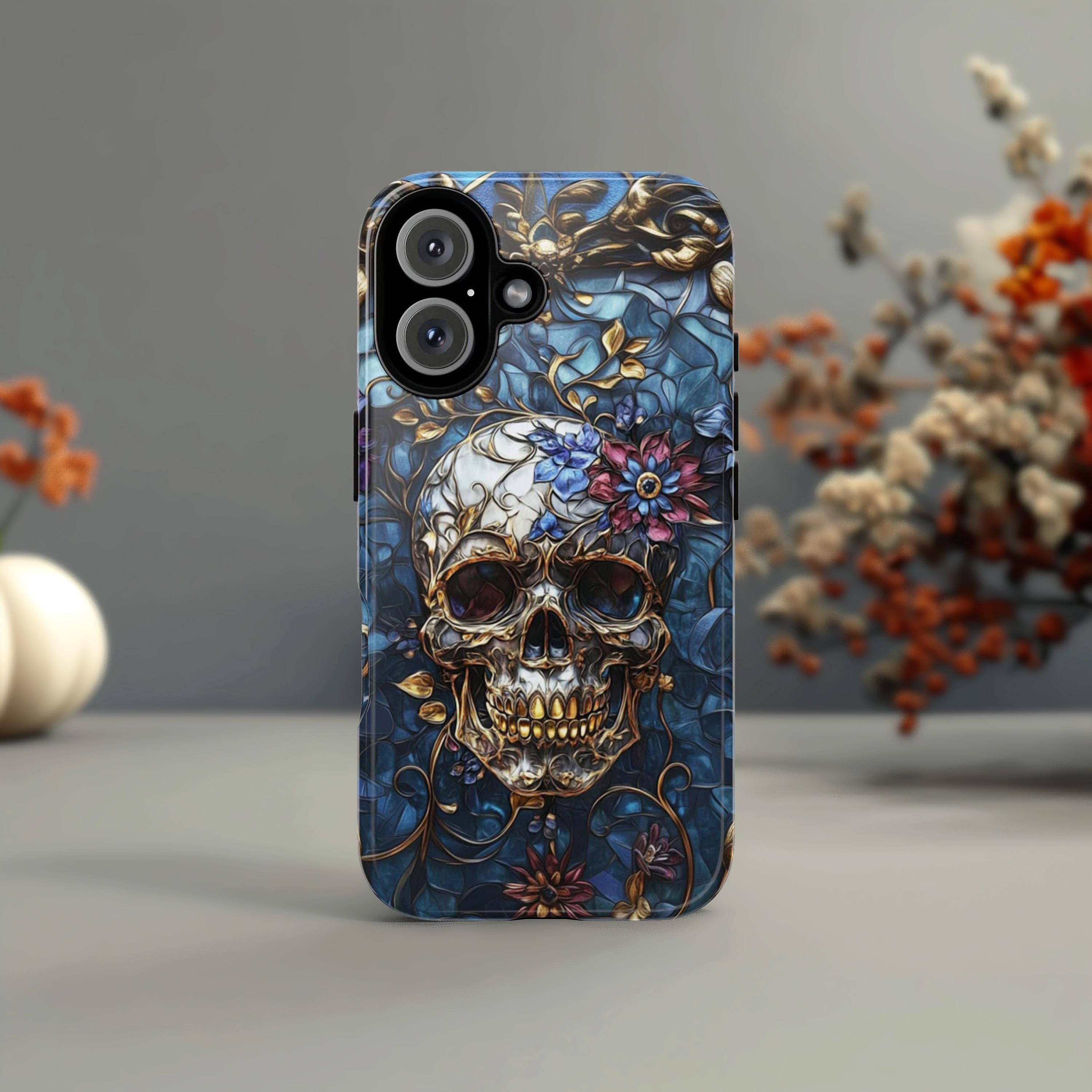 Stained Glass Dark Gothic Skull & Floral Phone Case, Dia de los Muertos Art Design Tough or Magsafe Phone Case for iPhone 16, Samsung, 465.5