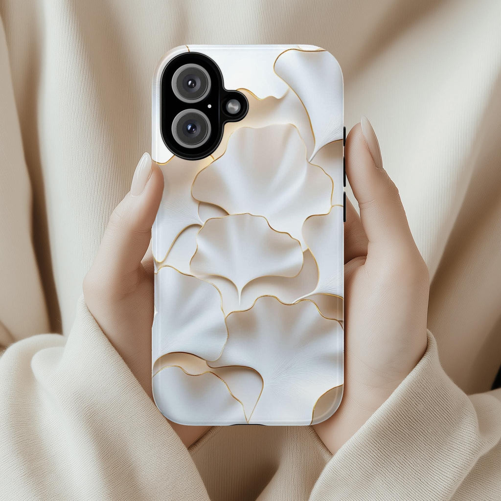 White Ginkgo Leaf Phone Case, 3D Style Gold Edged Design, Botanical Art Case for iPhone 16 15 14 13 Magsafe Pro Max, Samsung S25, 439.61