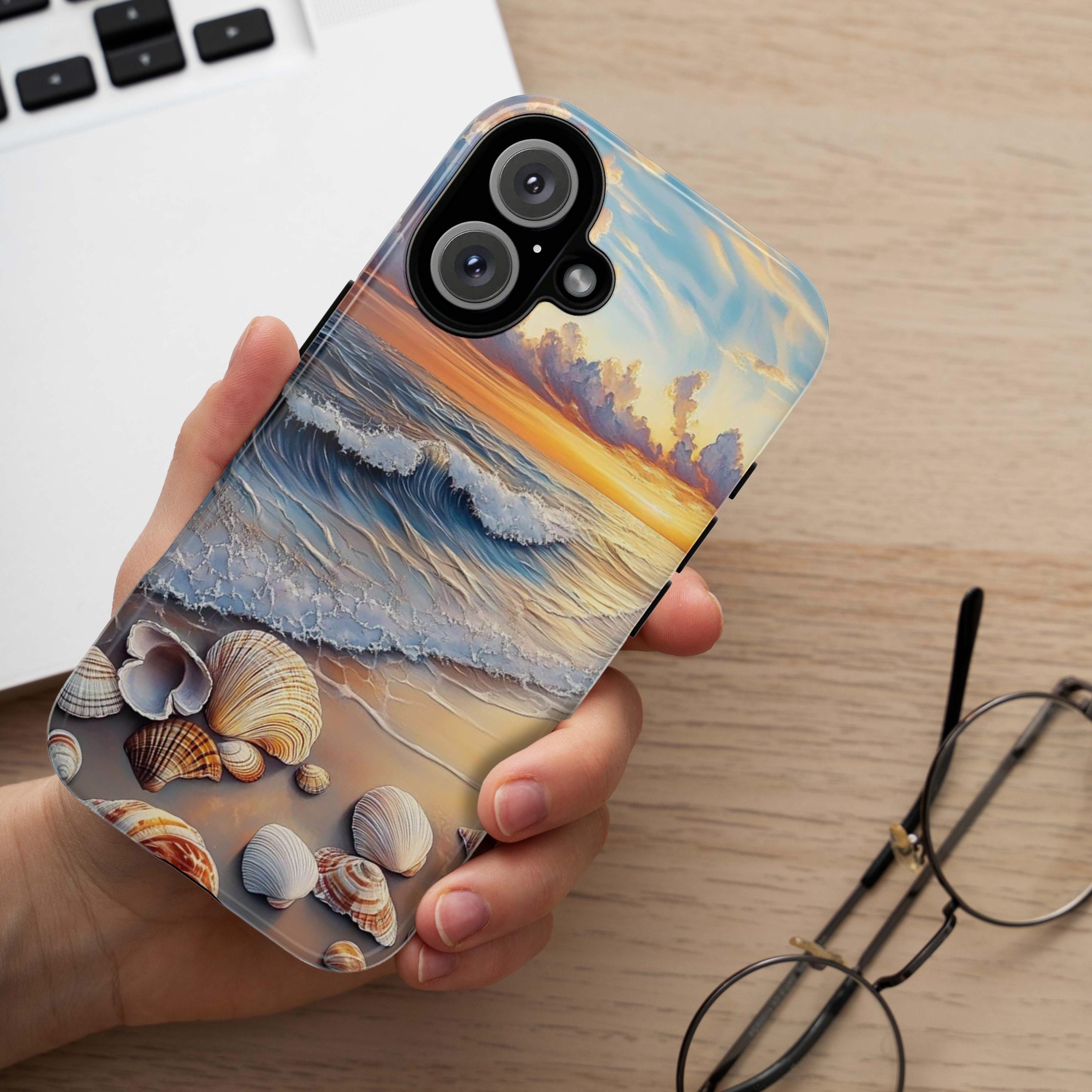 Ocean Sunset Seashell Wave Phone Cover, Coastal Beach Aesthetic Phone Case for iPhone 16, 15, 14, 13 Tough Magsafe, Samsung S25, 455.15