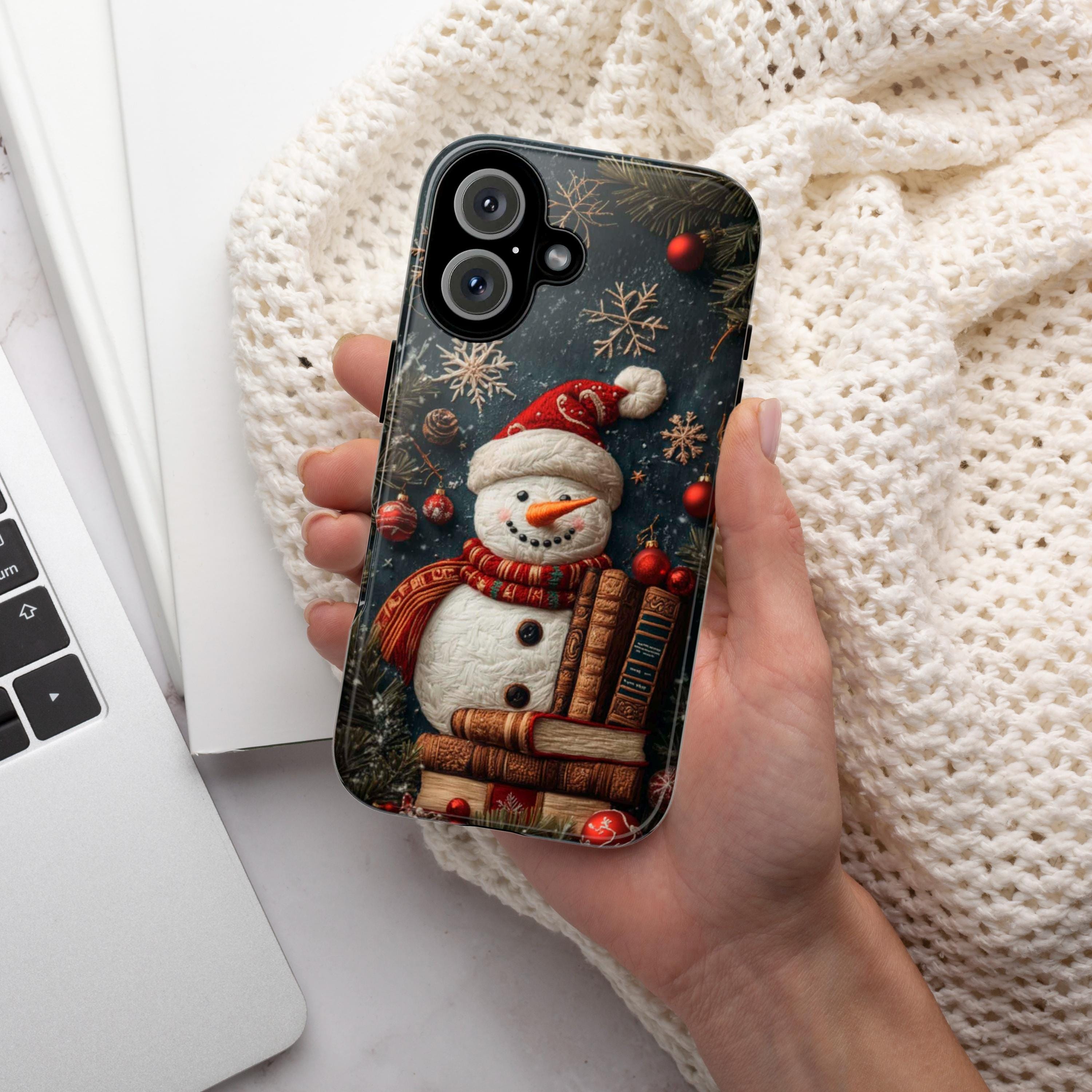 Christmas Snowman and Books Embroidered effect - Winter Xmas Holiday Library,  for iPhone 16 15 14 13 Magsafe Plus, Samsung S24, 444.6