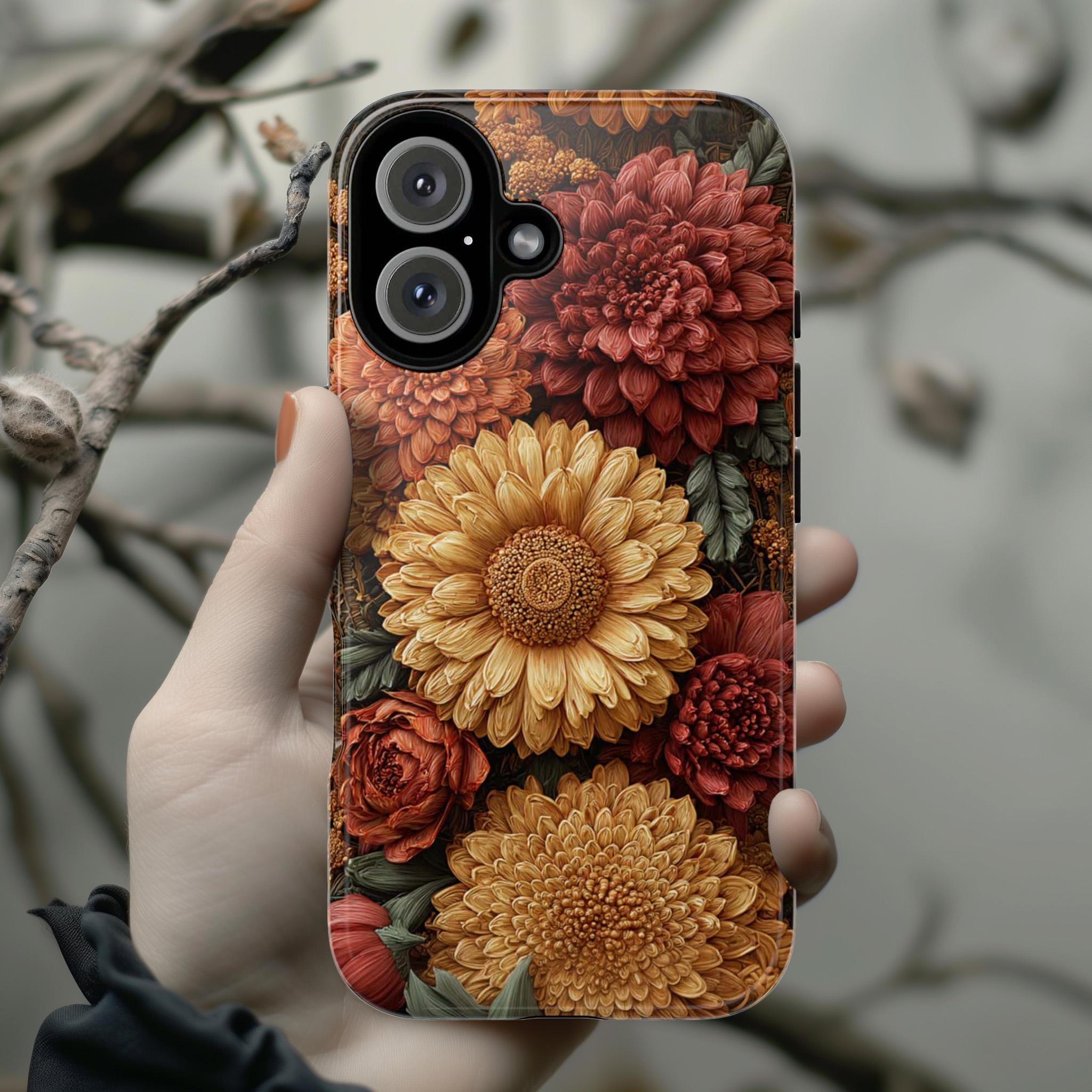 Autumn Chrysanthemum Phone Case in Soft Pastel Colors | Elegant Fall Floral Cover for iPhone 16 15 Tough or Magsafe, Samsung, 476.33
