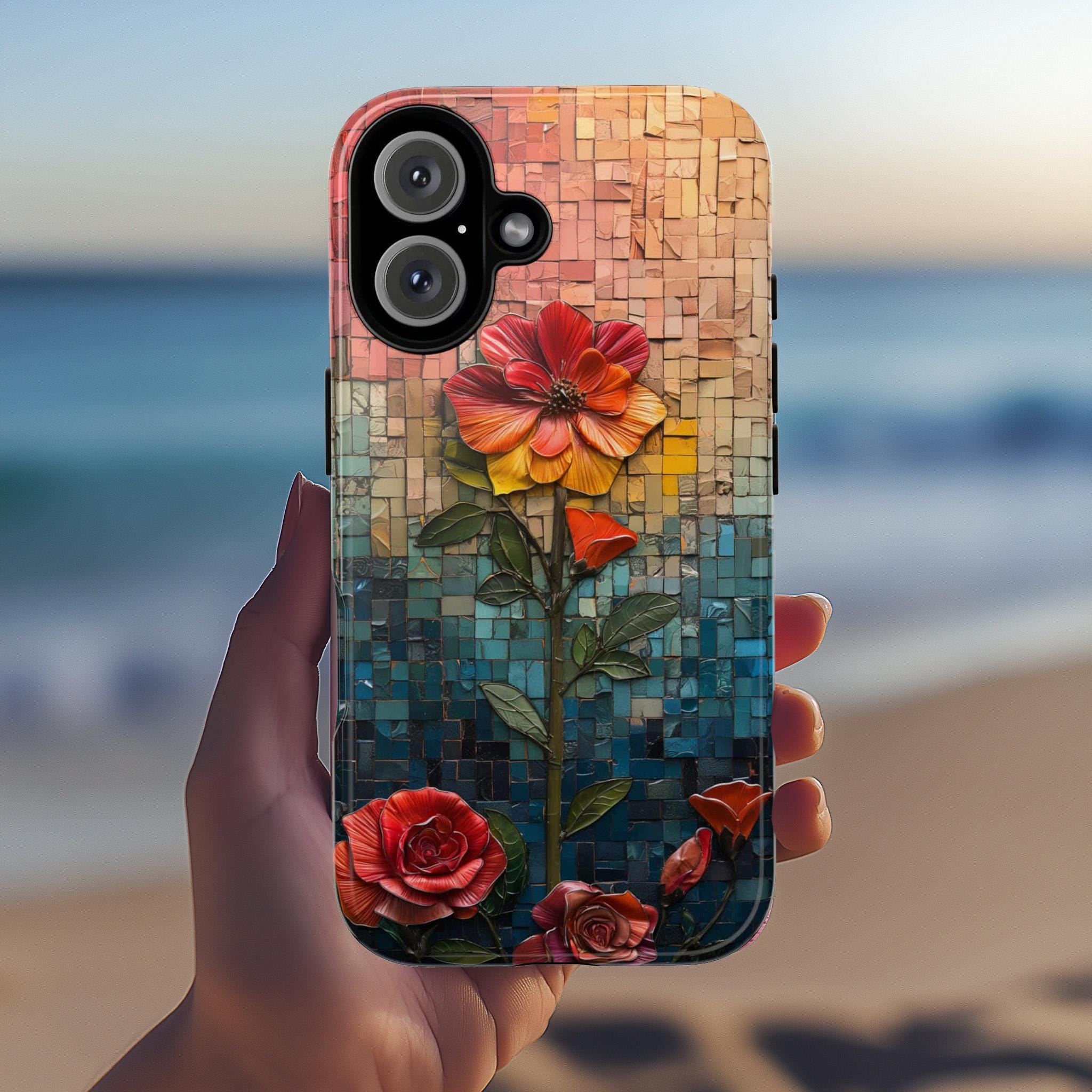 Mosaic Rainbow Floral Phone Case - Colorful Flower Artwork fit for iPhone 16 Pro Max 15 14 13 12 11 Plus, Samsung S24 Ultra S25, 418.1