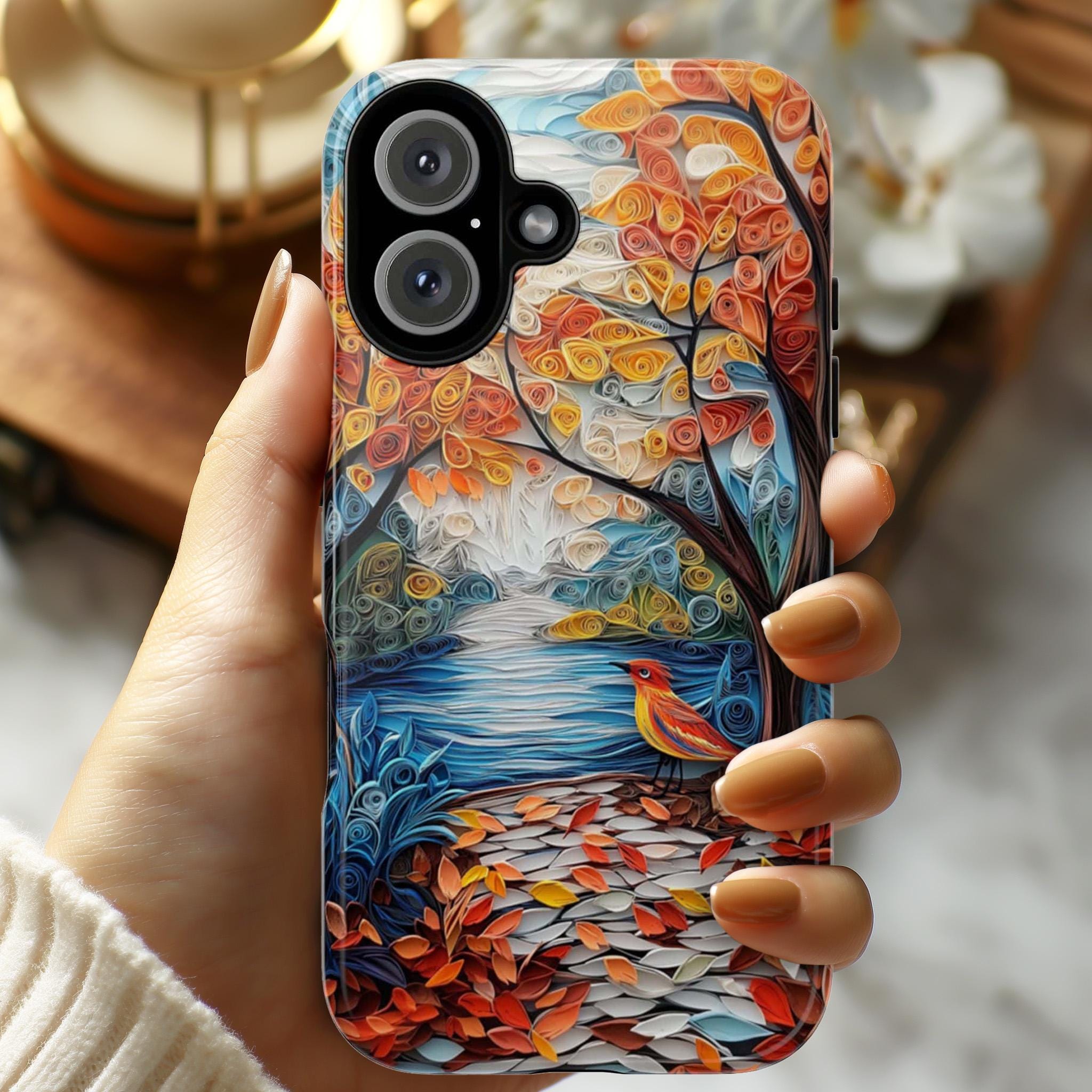 3D Paper Art Forest Bird Phone Case, Handmade Woodland Landscape Phone Cove, Nature Tree Scene Protective Case for Bird Lovers, 470.4