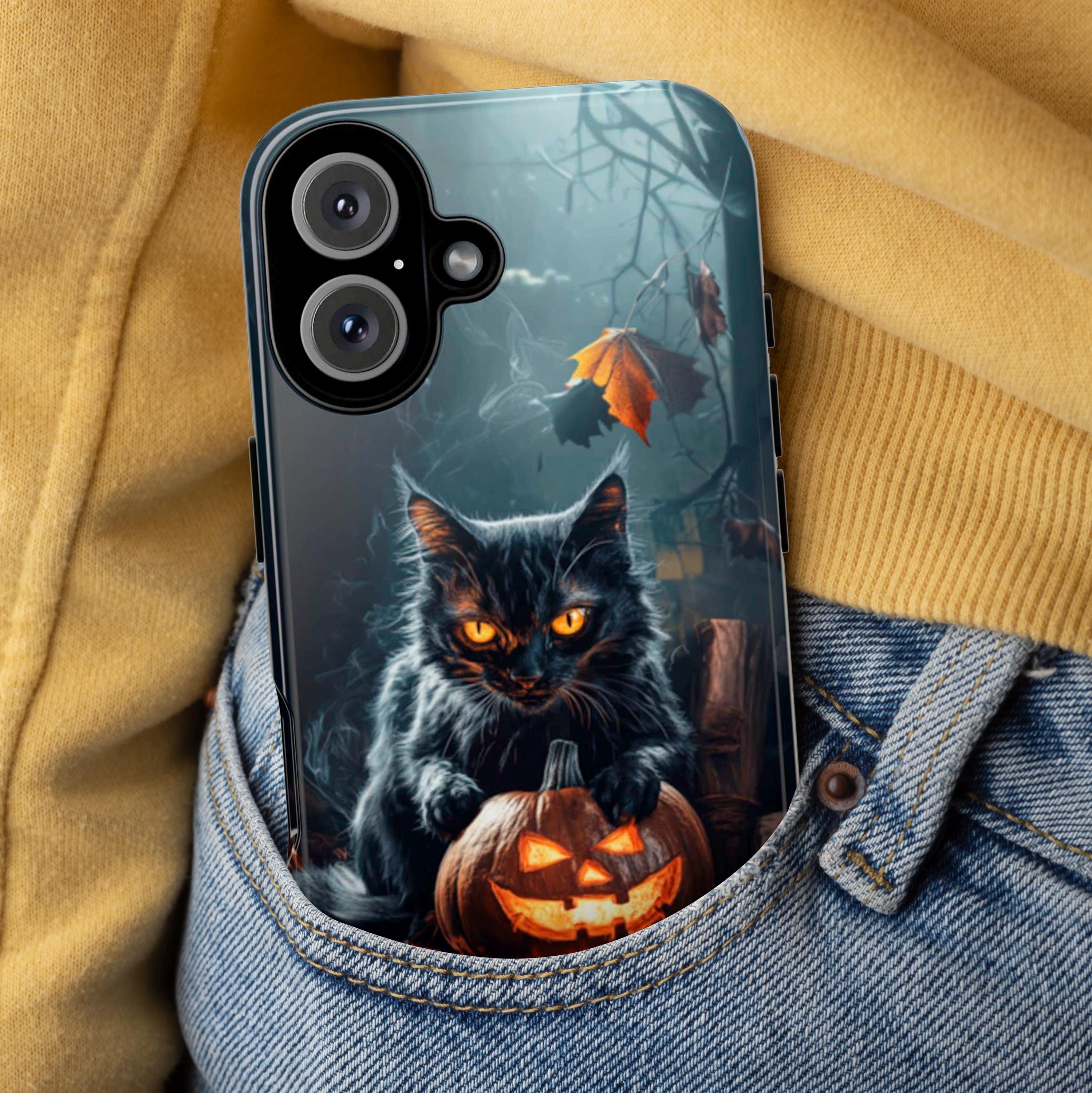 Black Cat and Pumpkin in Dark Night Phone Case, Halloween Lover Gift for iPhone 16 Pro Max 15 14 13 Plus, Samsung S25 ultra, 425.1