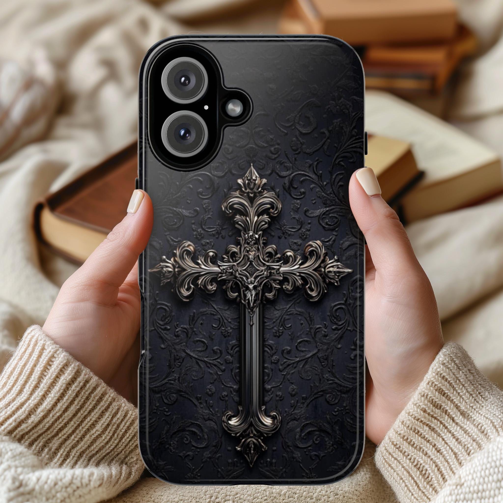 Dark Gothic Christian Cross Phone Case, Dark Academia Aesthetic Cover, Chrome 3D Design for iPhone 16 15 14 13 Magsafe, Samsung S25, 472.3