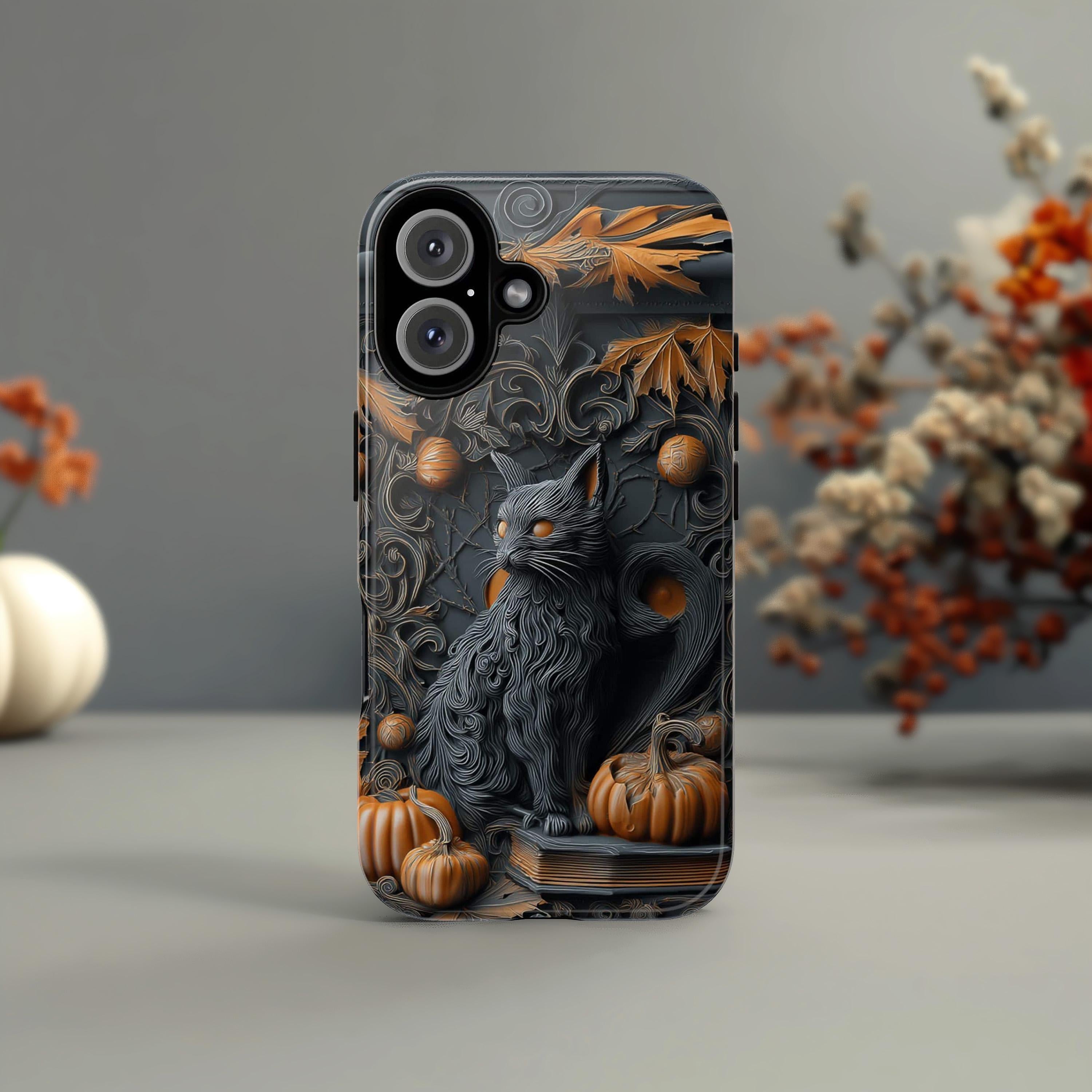Black Cat & Pumpkin Phone Case, Halloween Fantasy Gothic Design, Spooky Artistic for iPhone 16 15 14 Tough or Magsafe, Samsung, 475.19