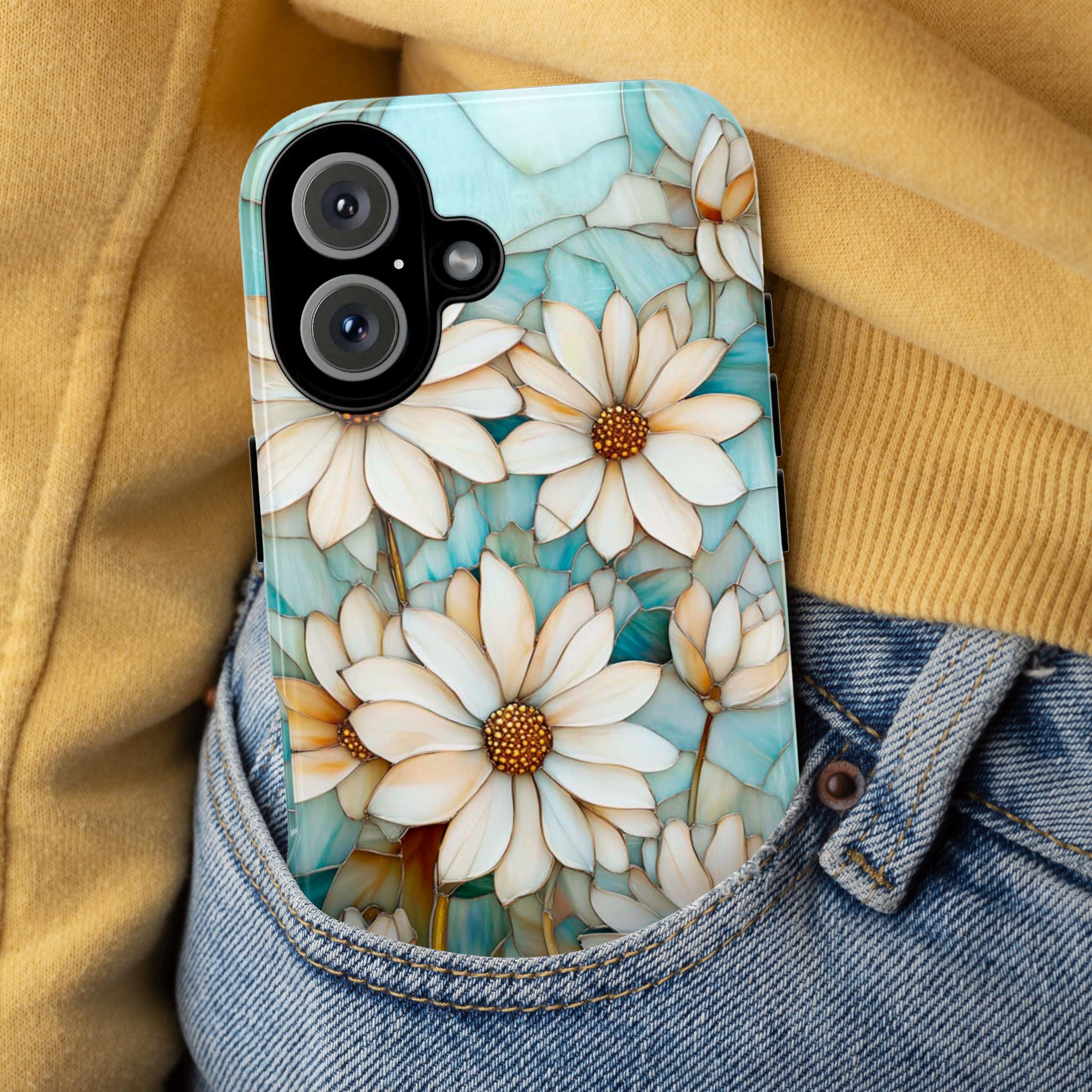 Stained Glass Daisy Floral Phone Case | Elegant Flower Design for iPhone 16 Tough or Magsafe 15 14 13 Plus Pro Max, Galaxy S25, 418.3