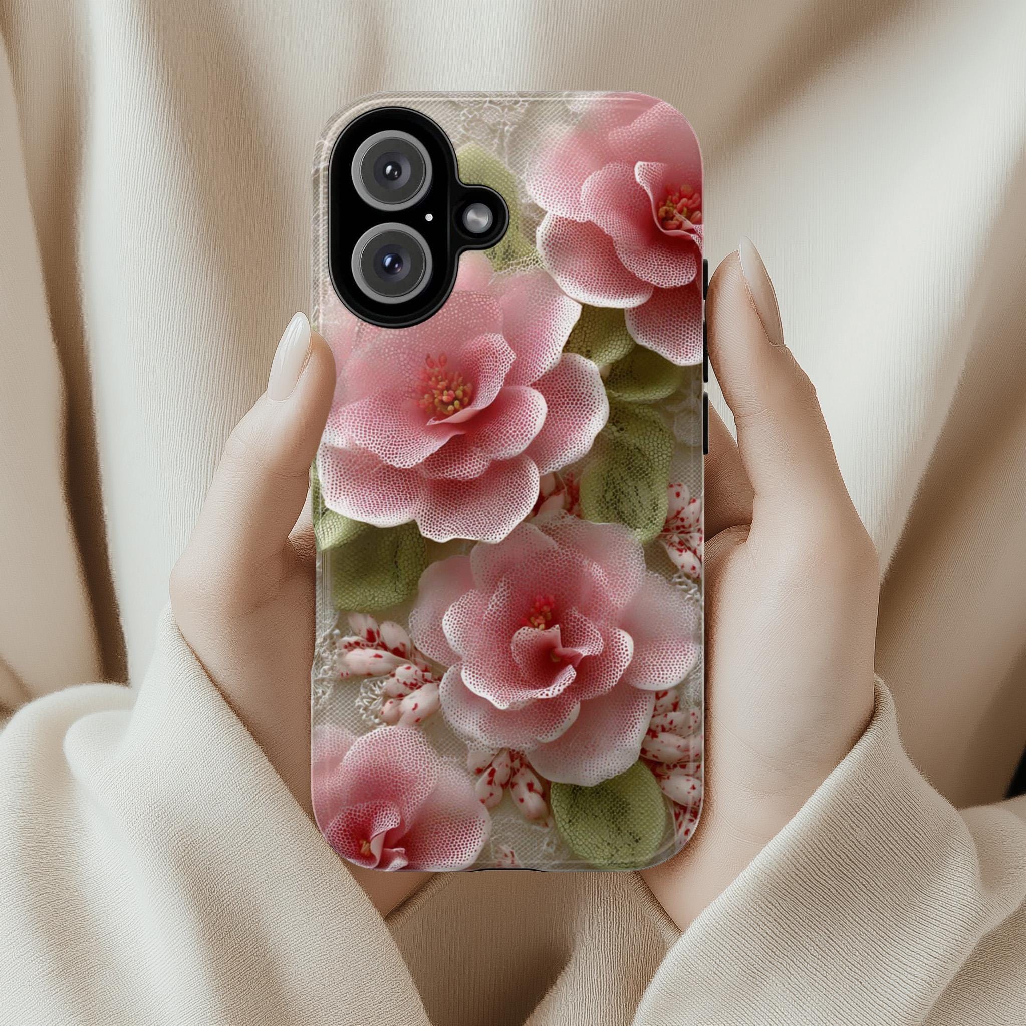 3D Pink Rose Phone Case with Lace Detail, Rustic Charm Floral Design, Romantic Vintage Protective Cover for iPhone & Samsung, 476.19