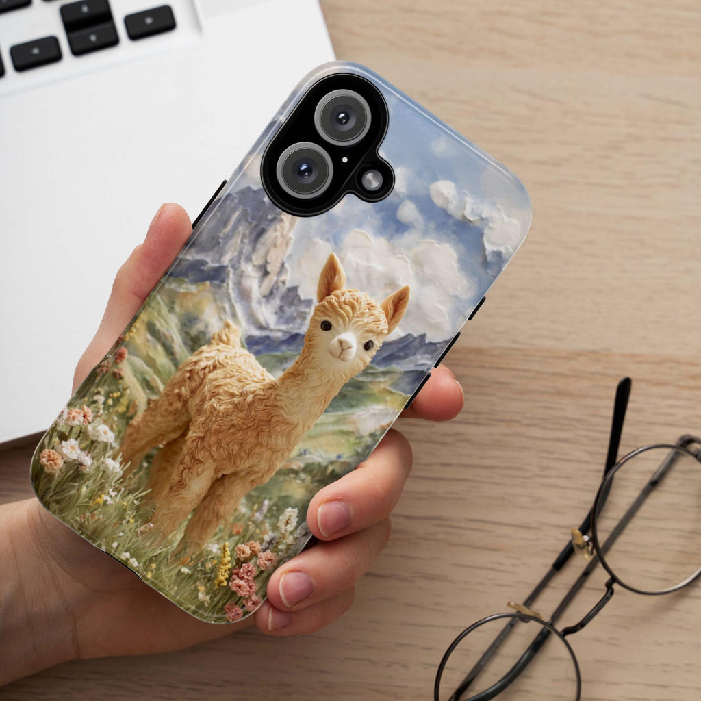 Cute Baby Alpaca Phone Case, Alpaca Lover, Mountain Flowers Scenic Nature Art Cover for iPhone 17 16 15 Tough or Magsafe, Samsung, 440.12