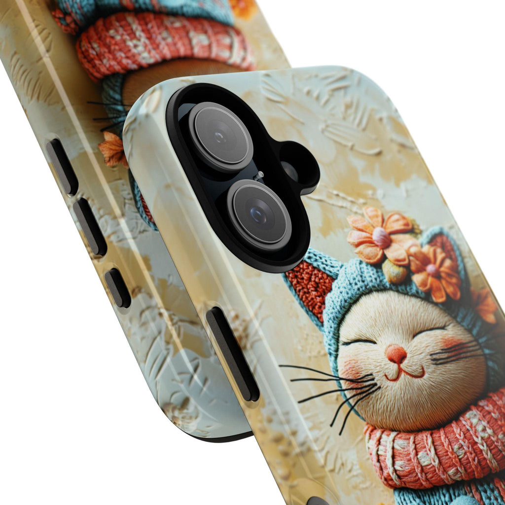 Knitted Colorful Cat & Flowers Phone - 3D effect Phone cover - Cat Lover Case for iPhone 16 15 14 13 Magsafe Plus, Samsung S24, 449.1
