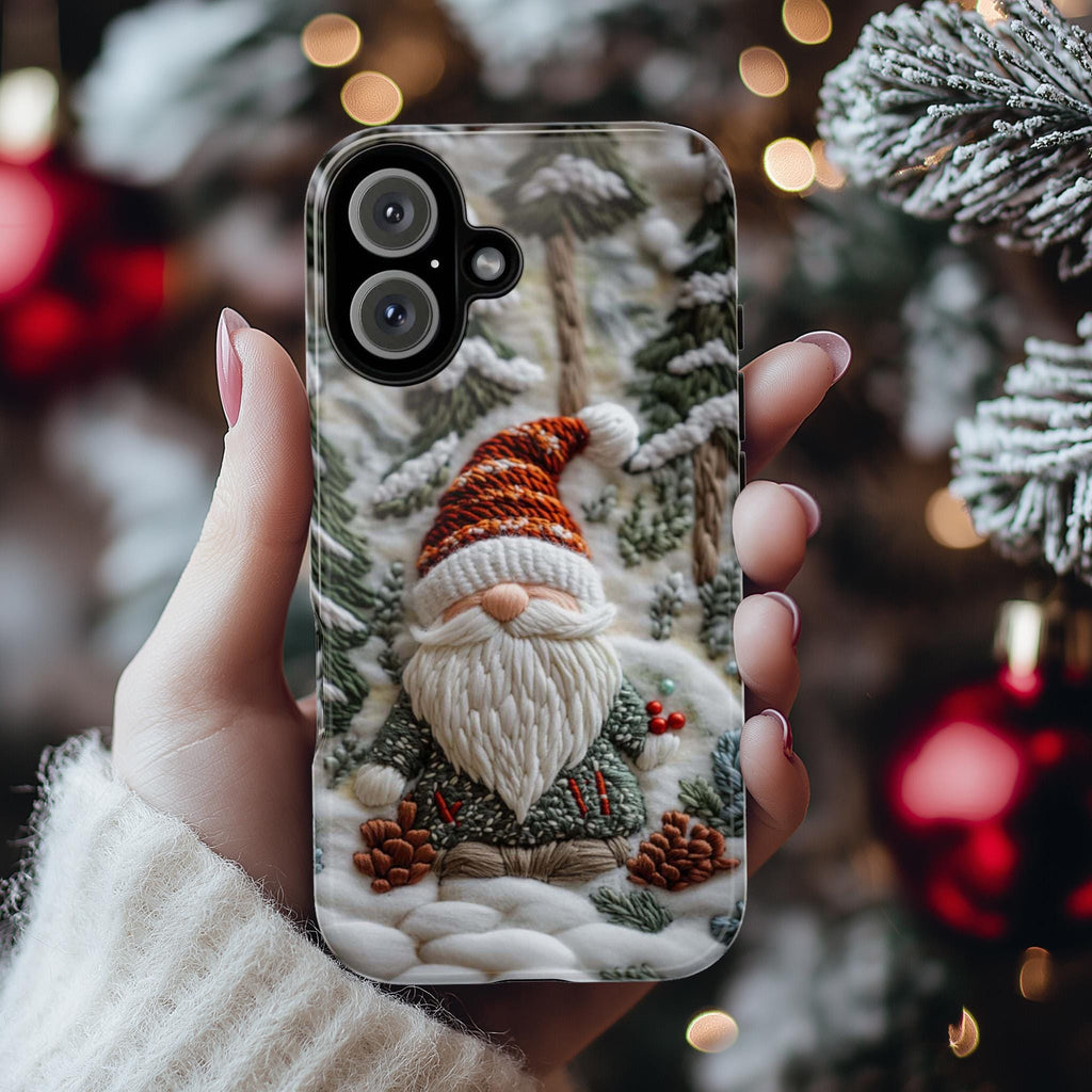 Winter Gnome Embroidery MagSafe Phone Case, Cozy Winter Design with Snowy Forest Phone 15 14 13 12 Pro Max Plus / Samsung S24, 444.9