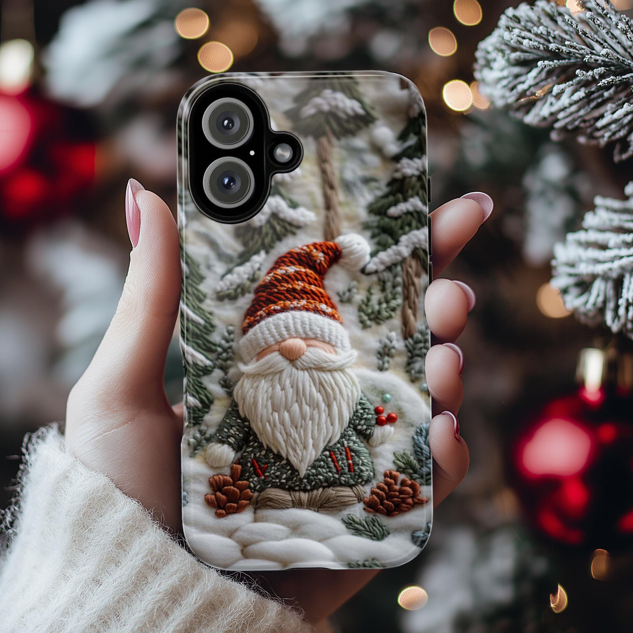 Winter Gnome Embroidery MagSafe Phone Case, Cozy Winter Design with Snowy Forest Phone 15 14 13 12 Pro Max Plus / Samsung S24, 444.9