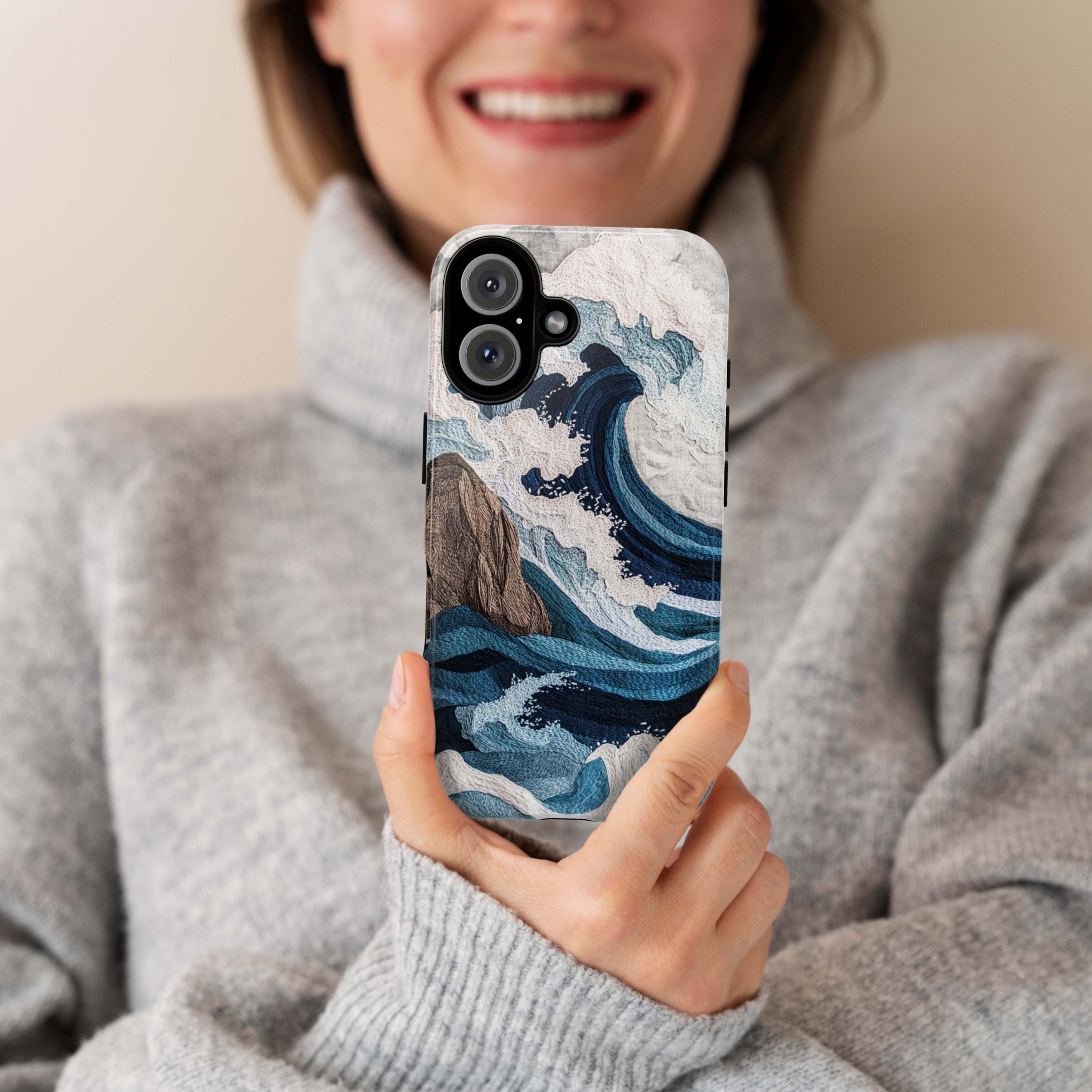 Ocean Waves Embroidery 3D Phone Case, Cozy Marine Life Design, Fine Art Aesthetic Phone Case for iPhone 16 15 14 13 / Samsung S24, 453.5