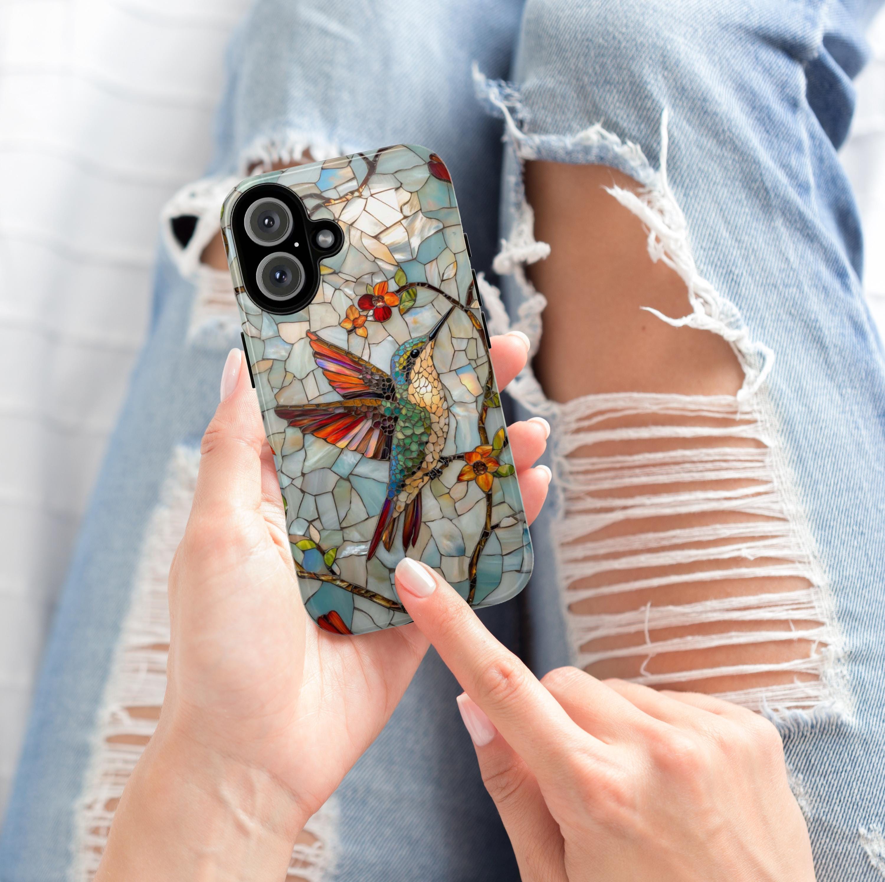 3D Hummingbird Stained Glass Effect Phone Case - Mosaic Case for iPhone 16 Pro Max 15 14 13 12 11 Plus, Samsung S24 Ultra S25, 419.2