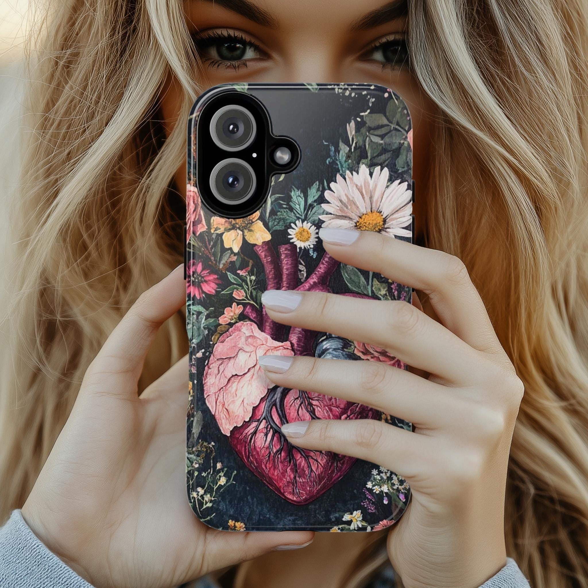 Watercolor Floral Anatomy Heart Phone Case, Anatomical Art Design, Floral Human Heart Phone Cover for iPhone 16 15 Pro, Samsung S24, 435.10