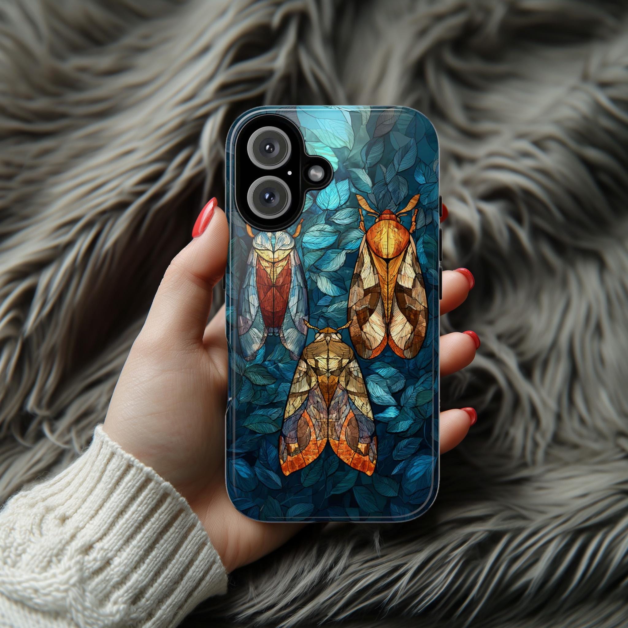 Mystical Night Insect Phone Case with Stained Glass Effect, Magical Bug Design, Artistic Protective Cover for iPhone & Samsung, 478.4