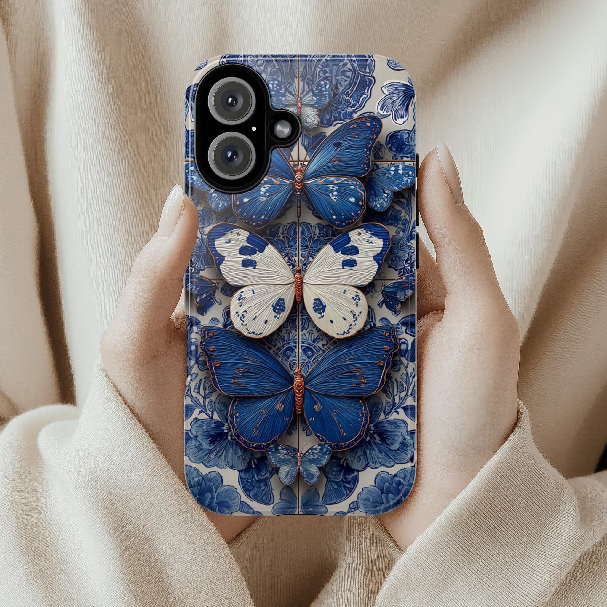 3D Blue Butterfly Phone Case with Tile Effec, Artistic Protective Smartphone Cover for iPhone Tough or Magsafe, Samsung, 476.27