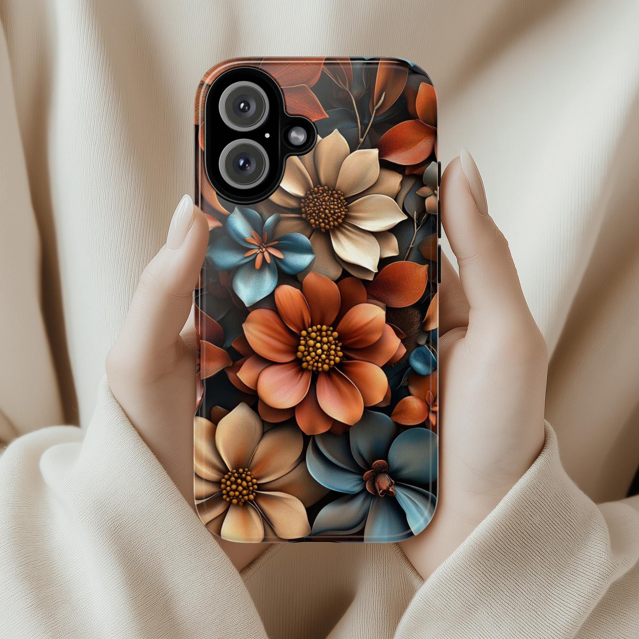 3D Rose Floral Phone Case, Anemone Floral Case, Bronze Beige Flowers Design for iPhone Magsafe 16, 15, 14, 13 & Samsung S24, Pixel 9, 439.33
