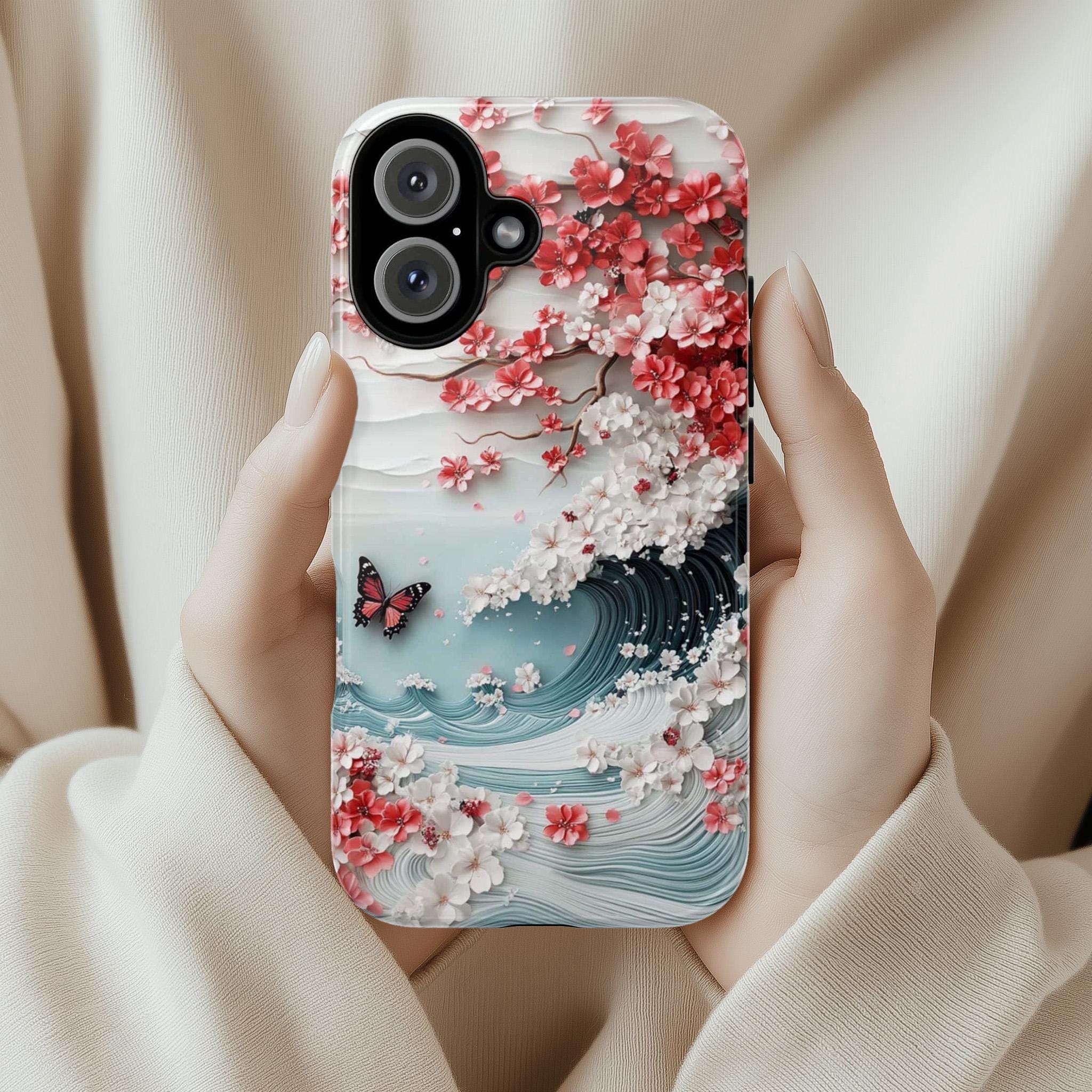 Japanese Cherry Blossom Wave Phone Case, 3D effect Floral & Butterfly Art Design for iPhone 16 15 14 Tough or Magsafe, Samsung S25, 469.7