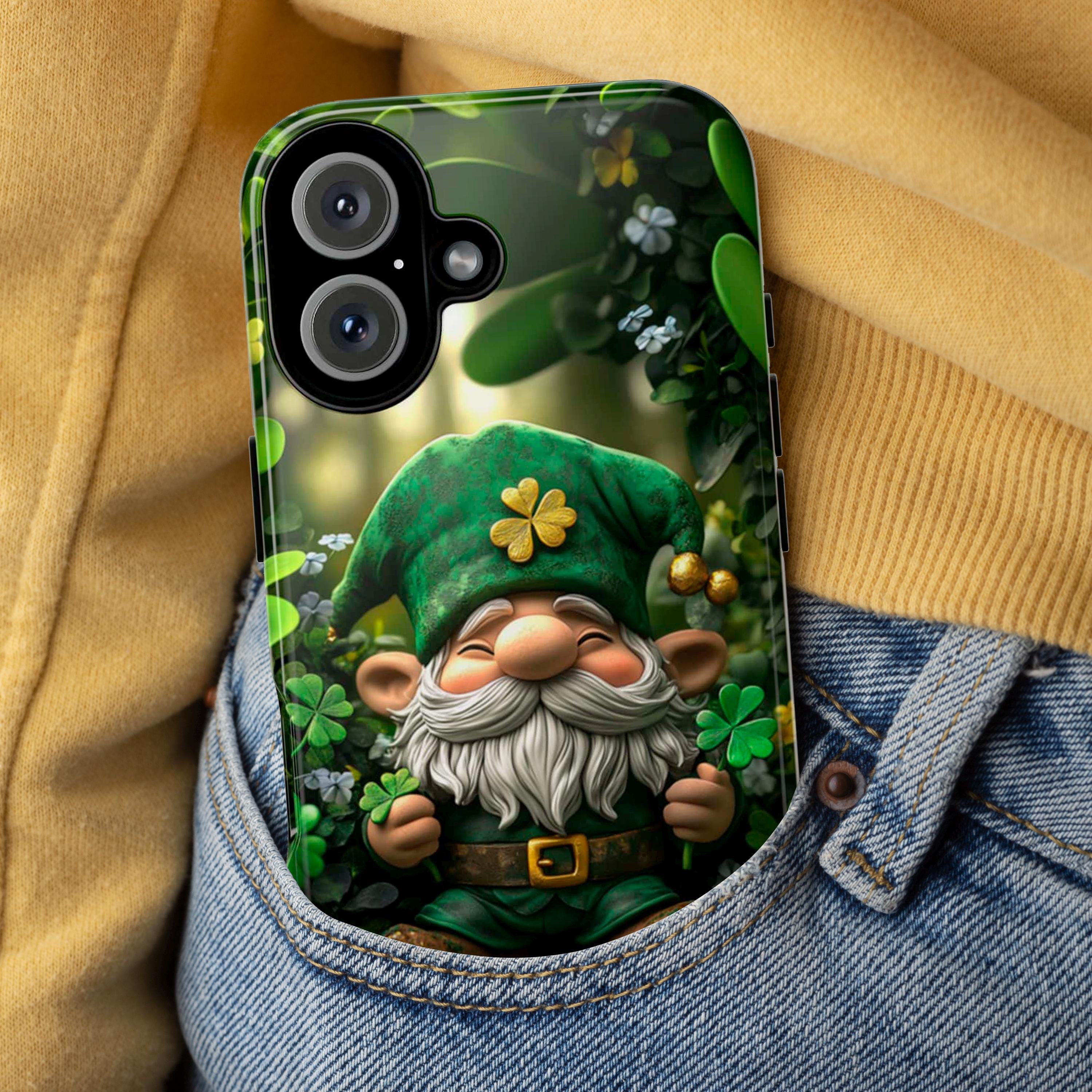 St. Patrick's Day Phone Case with Green Gnome and Shamrocks, Lucky Irish Inspired Cover for iPhone 16, 15, Samsung Galaxy S24, 457.1
