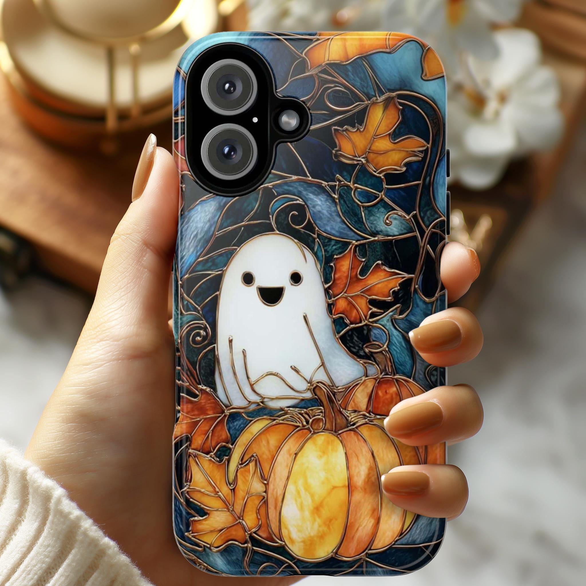 Cute Ghost Halloween Phone Case with Pumpkins | Autumn Leaves Stained Glass Style Cover for iPhone 17 16 Tough or Magsafe, Samsung, 475.26