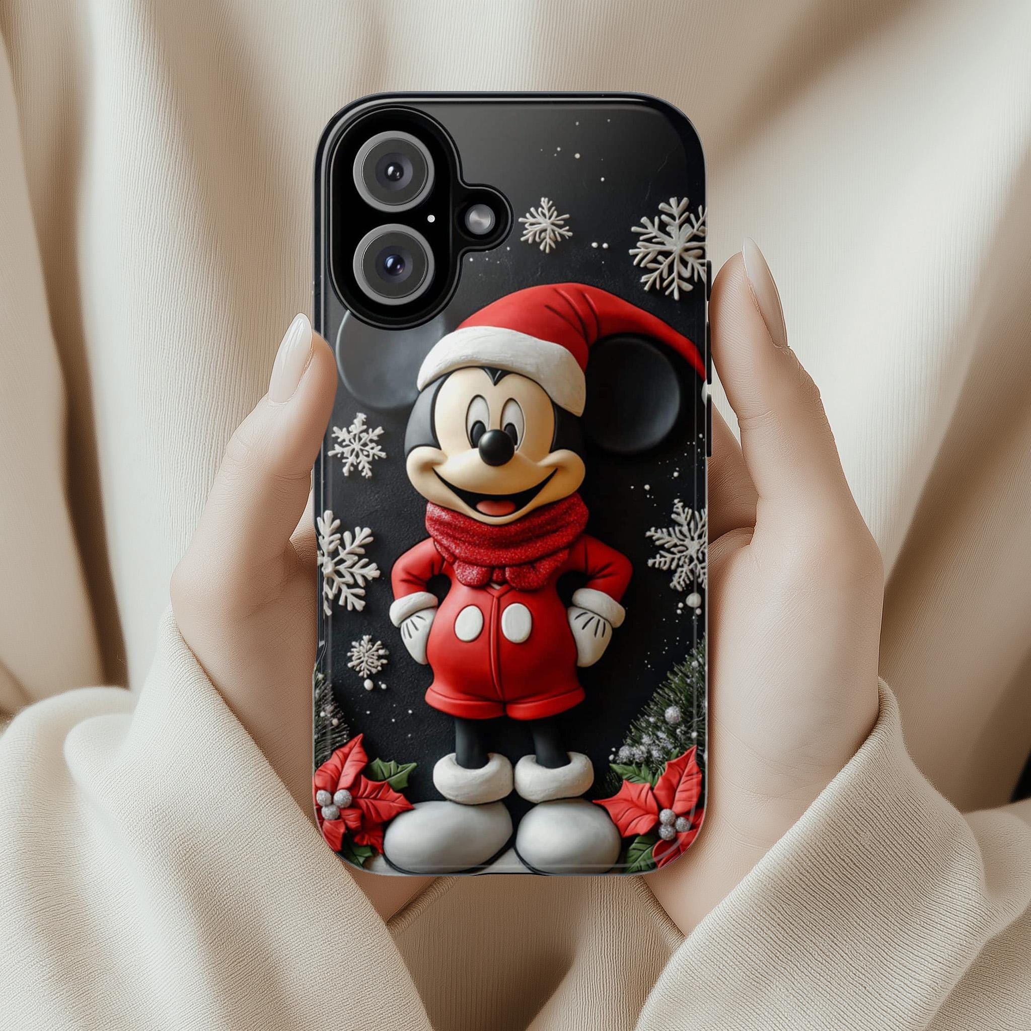 Santa Mickey Mouse 3D effect Phone Case, Cartoon Design, Disney Christmas Poinsettias Case for iPhone 16 15 Magsafe, Samsung S24, 442.23