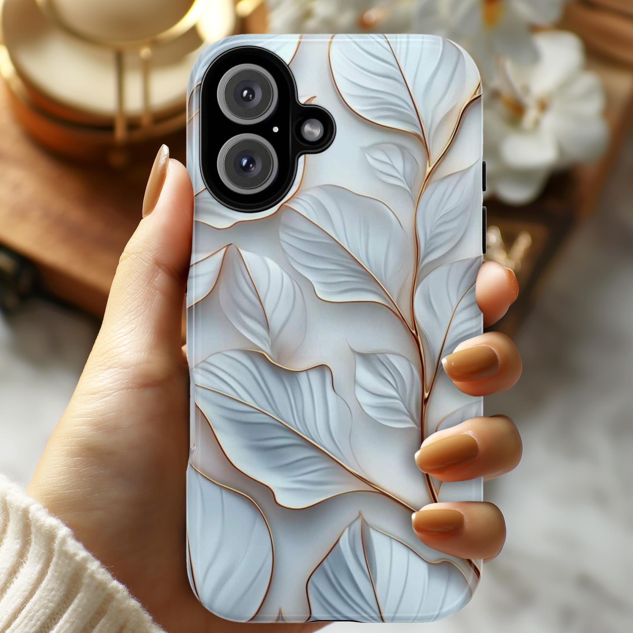 White and Gold Leaves Phone Case, Plant Lover Gift, 3D White Leaf Elegant Case for iPhone 16 15 14 13 Magsafe Pro Max, Samsung S25, 418.28