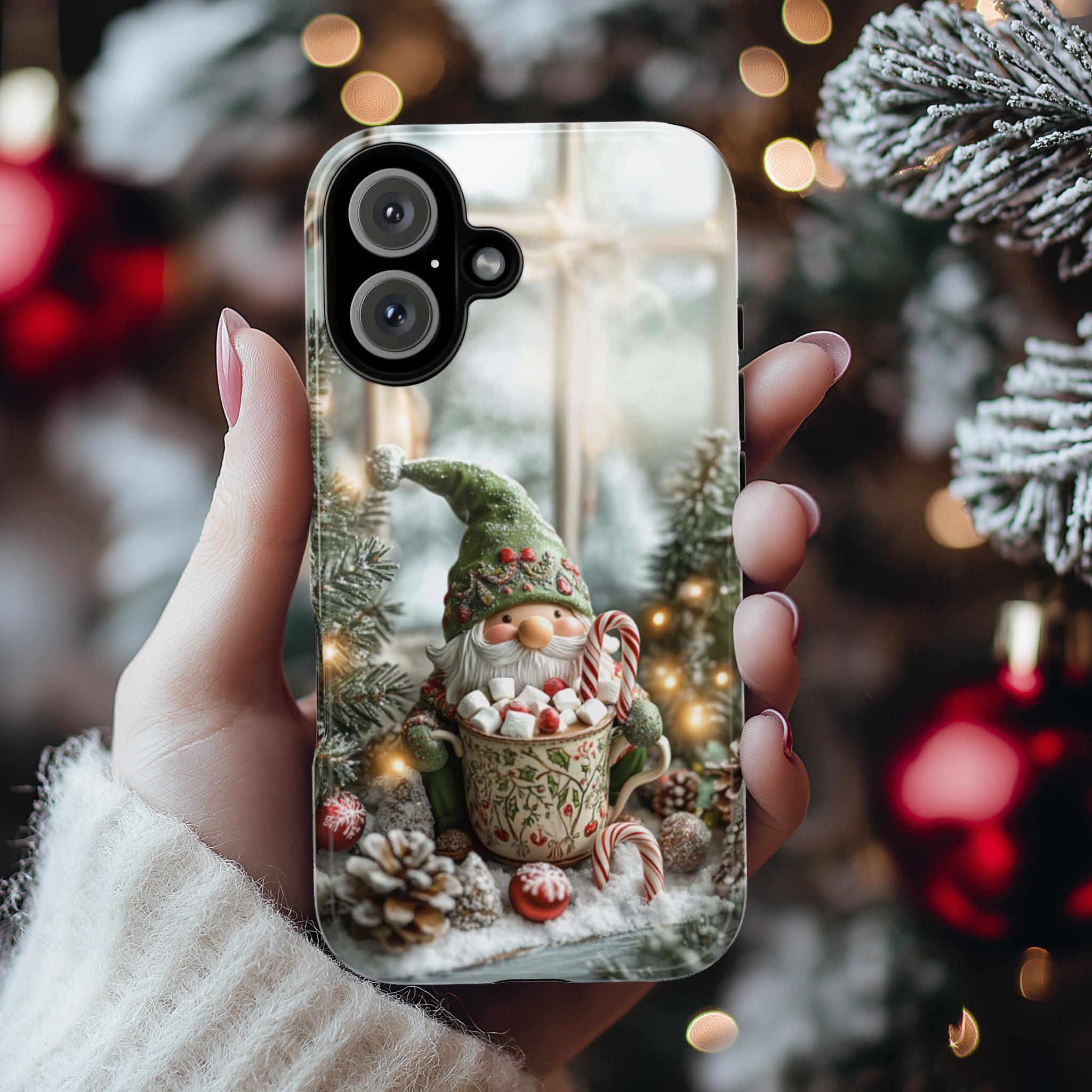 Cozy Festive Holiday Gnome Phone Case, 3D Christmas Gnome & Holly Design for iPhone 15 14 13 12 Pro Max Plus / Samsung S25, 427.1