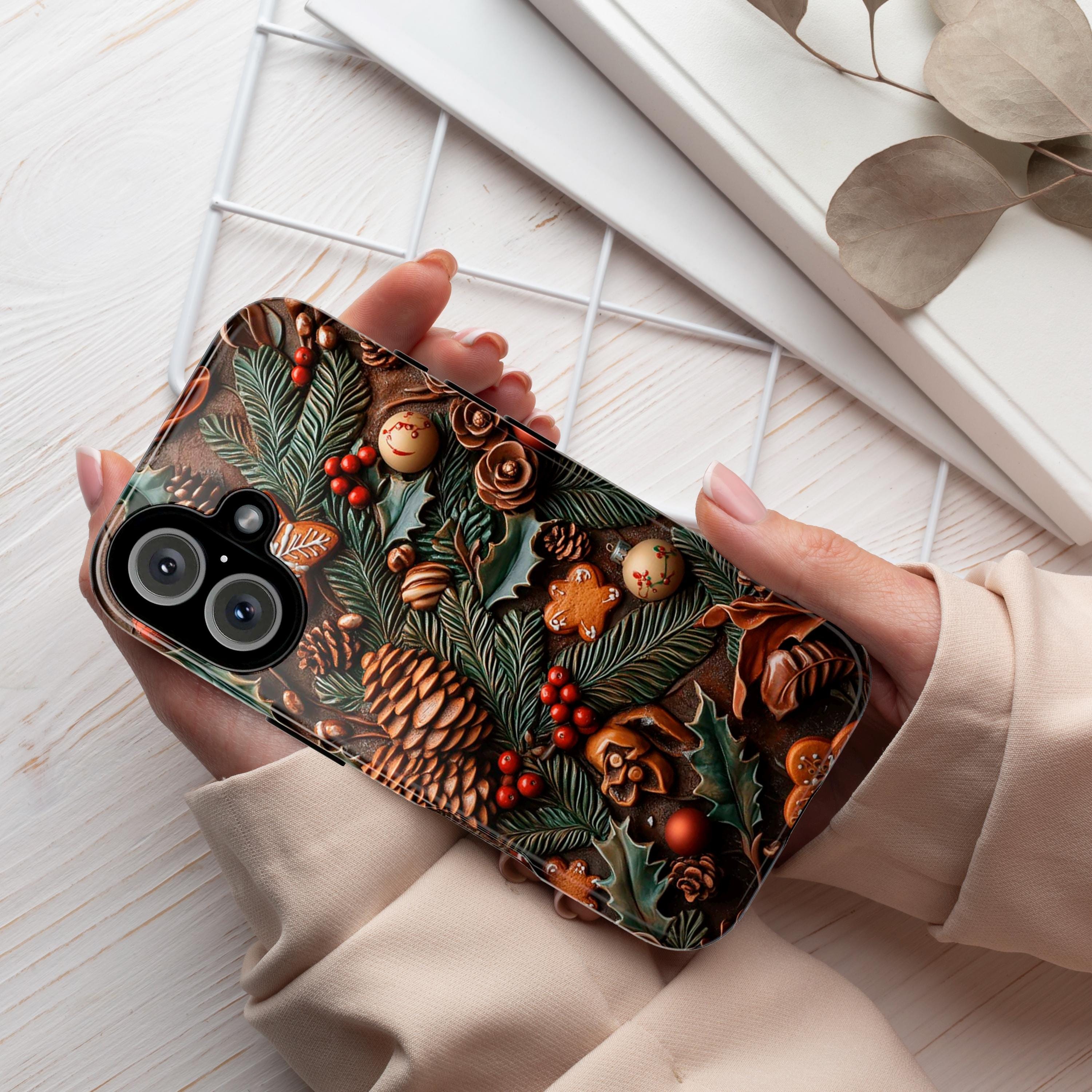 Pine Cone 3D Christmas Phone Case, Holiday Pine and Berry Design MagSafe for iPhone 16 15 14 13 Pro Max Plus, Samsung S25, Pixel 9, 433.3