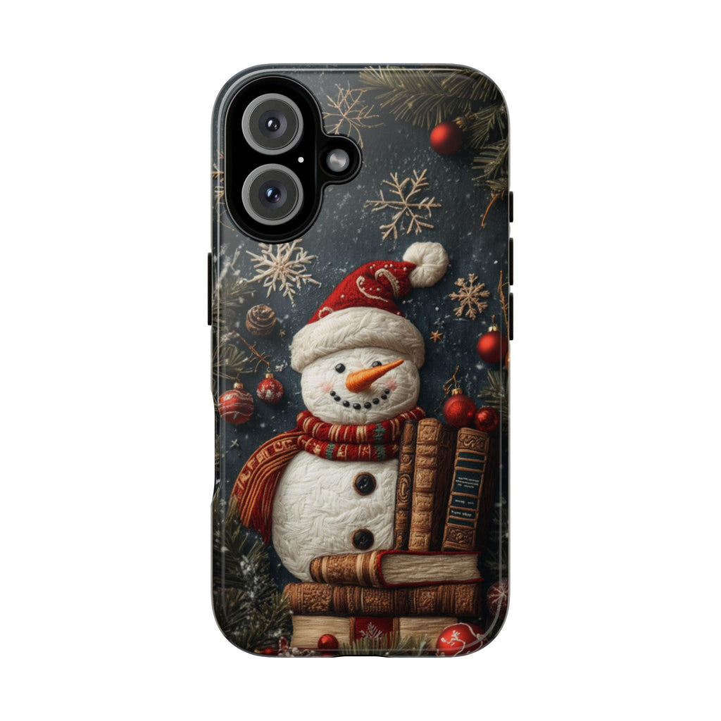 Christmas Snowman and Books Embroidered effect - Winter Xmas Holiday Library,  for iPhone 16 15 14 13 Magsafe Plus, Samsung S24, 444.6