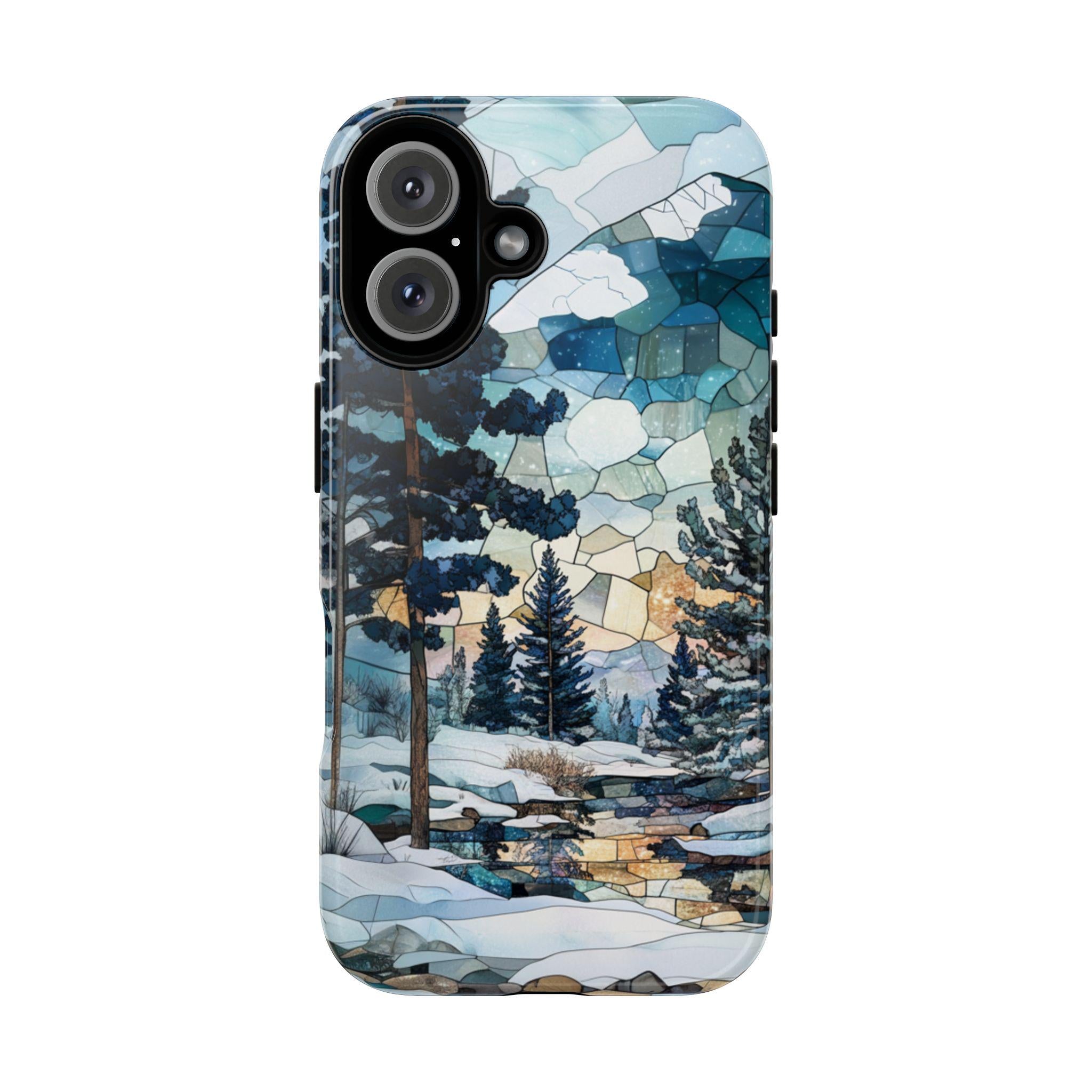 3D Winter Landscape Stained Glass Design Phone Case, Winter Forest Phone Cover for iPhone 15 14 13 12 11 8 Pro Max Plus, Samsung S25, 420.3