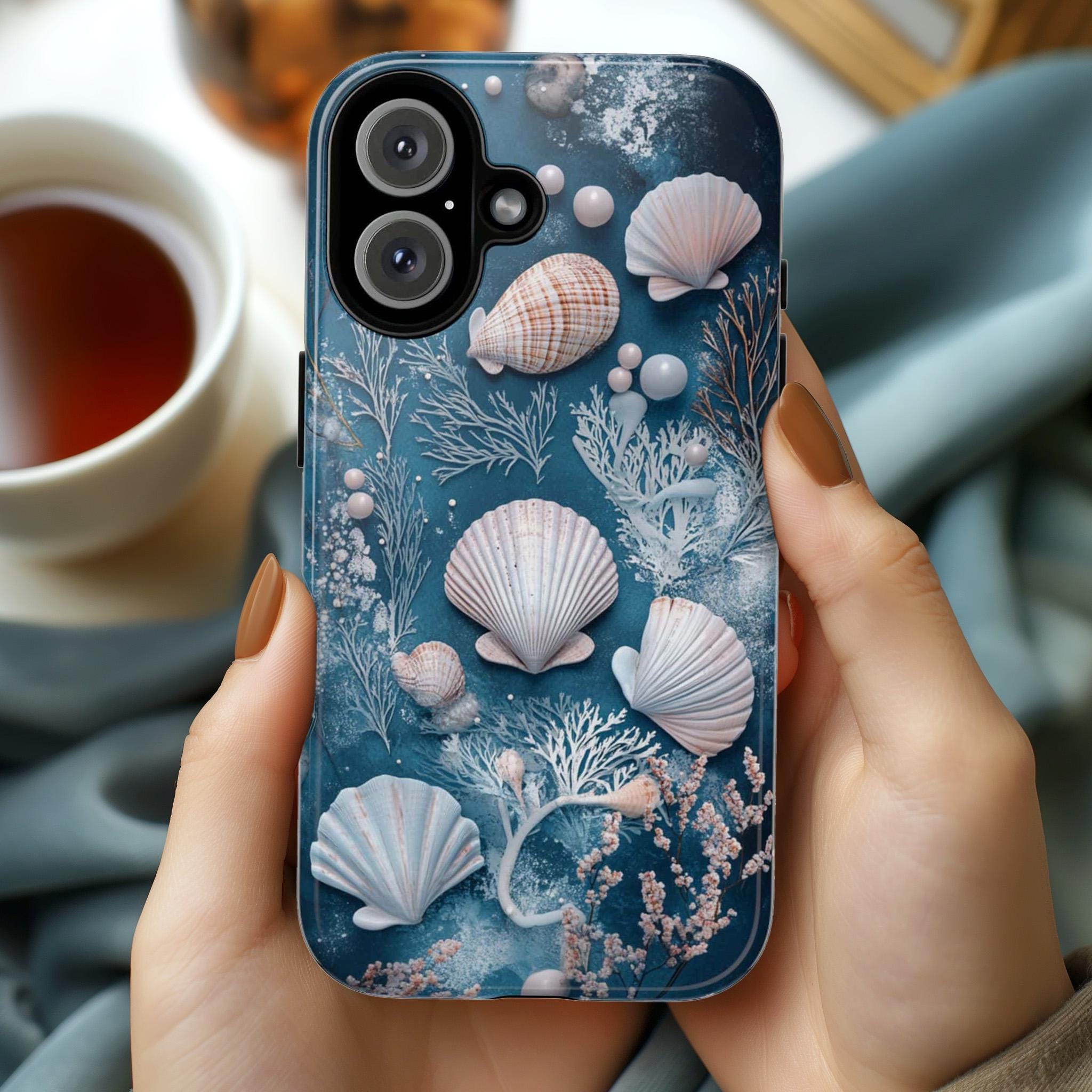 Ocean Shell Phone Case, 3D Stlye Blue Sea Design & Marine Plants, Seashells Underwater Texture Tough or Magsafe for iPhone, Galaxy, 455.17