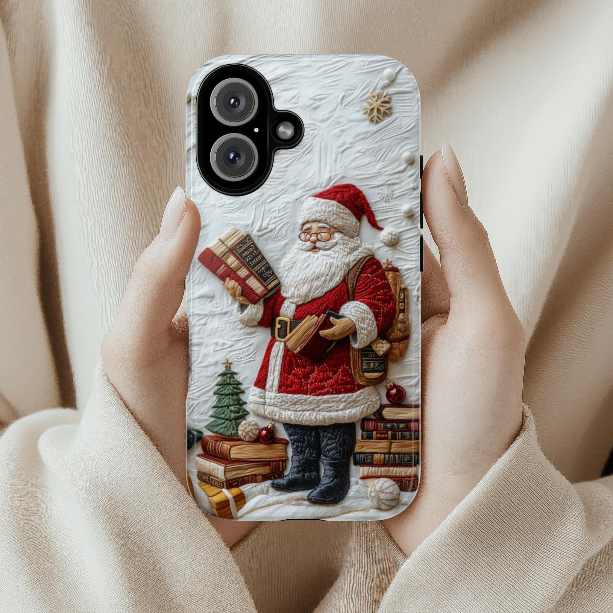 Holiday Santa & Books 3D Embroidered effect Phone Case, Winter Festive Design for iPhone 16 15 14 13 Magsafe Plus, Samsung S24, 444.7