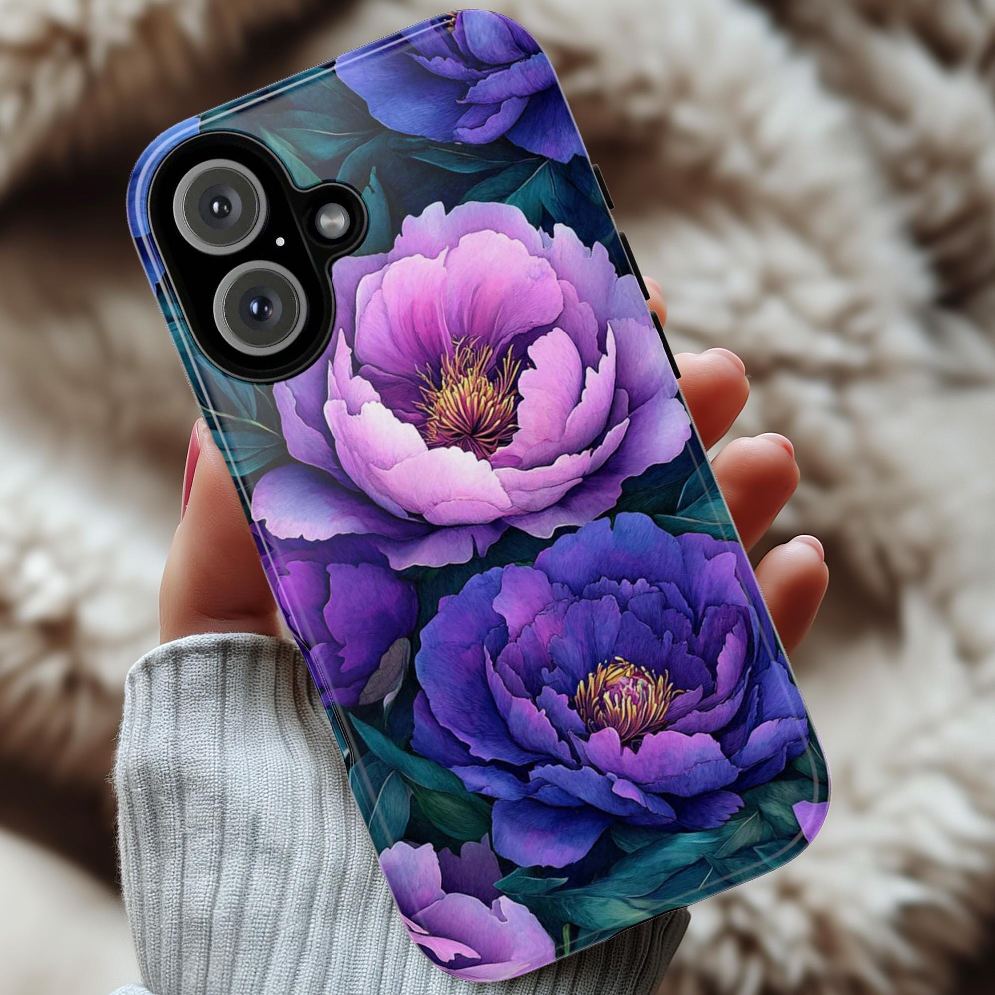 Purple and Pink Peony Floral Phone Case, Botanical Flower Design, Elegant Garden Lovers Case for iPhone 16 15 14 13 Tough or Magsafe, 439.62