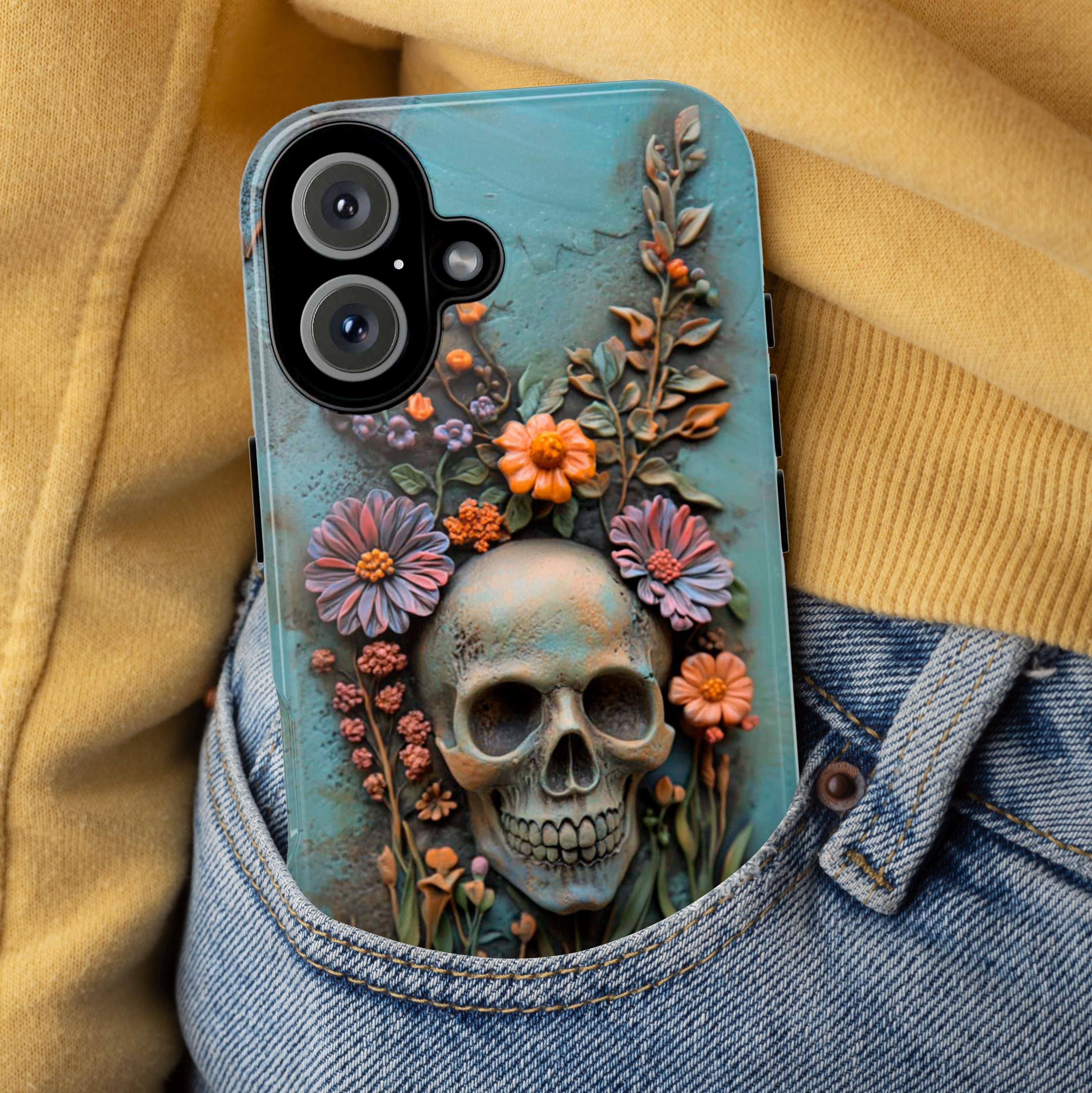 3D Floral Anatomy Skull Phone Case, Anatomical Dia de los Muertos Art Design, Floral Human Skull Phone Cover for iPhone, Galaxy,  435.2