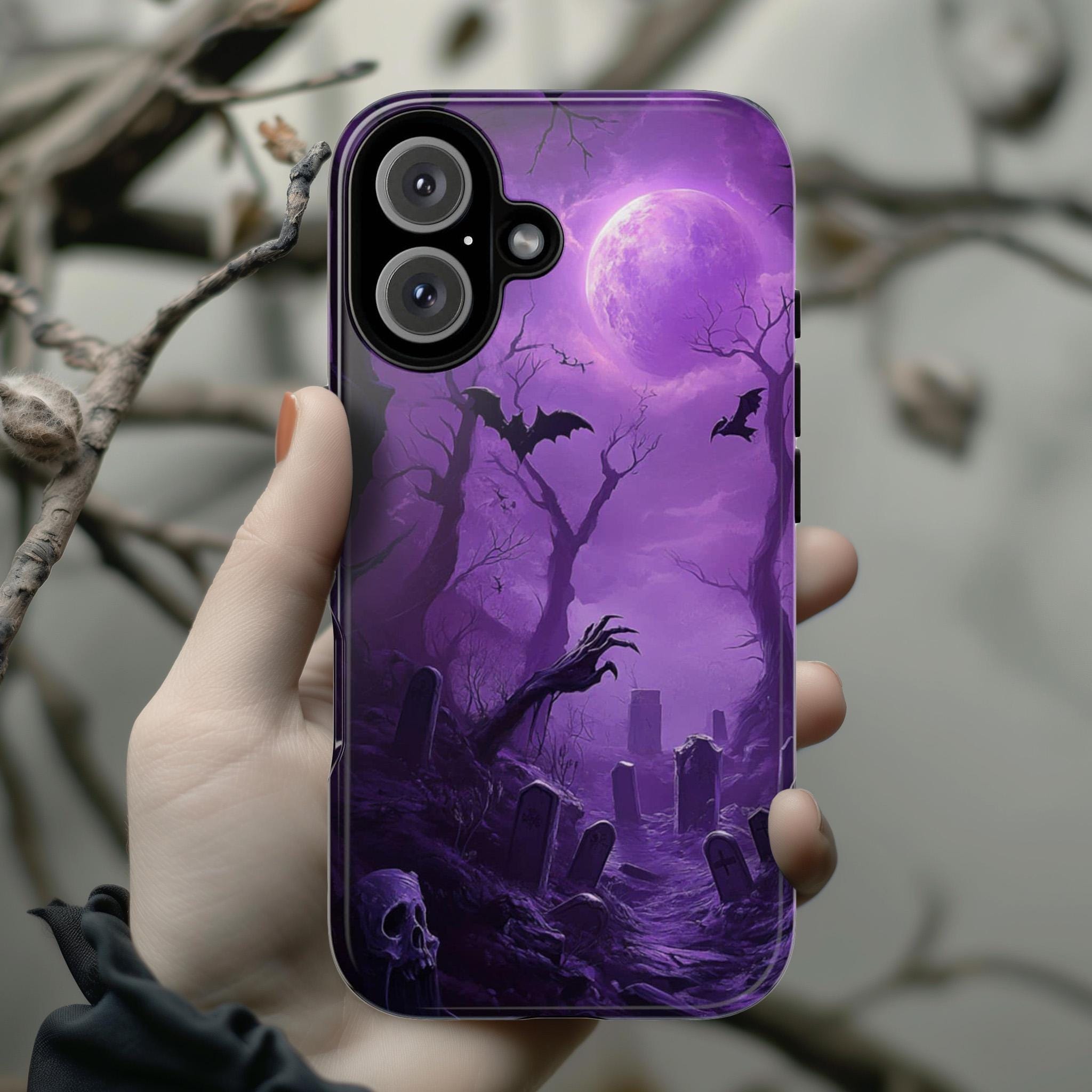 Mystic Halloween Phone Case, Skull & Full Moon Case, Purple Spooky Gothic Cover for iPhone 16 15 14 Tough or Magsafe, Samsung, 475.3