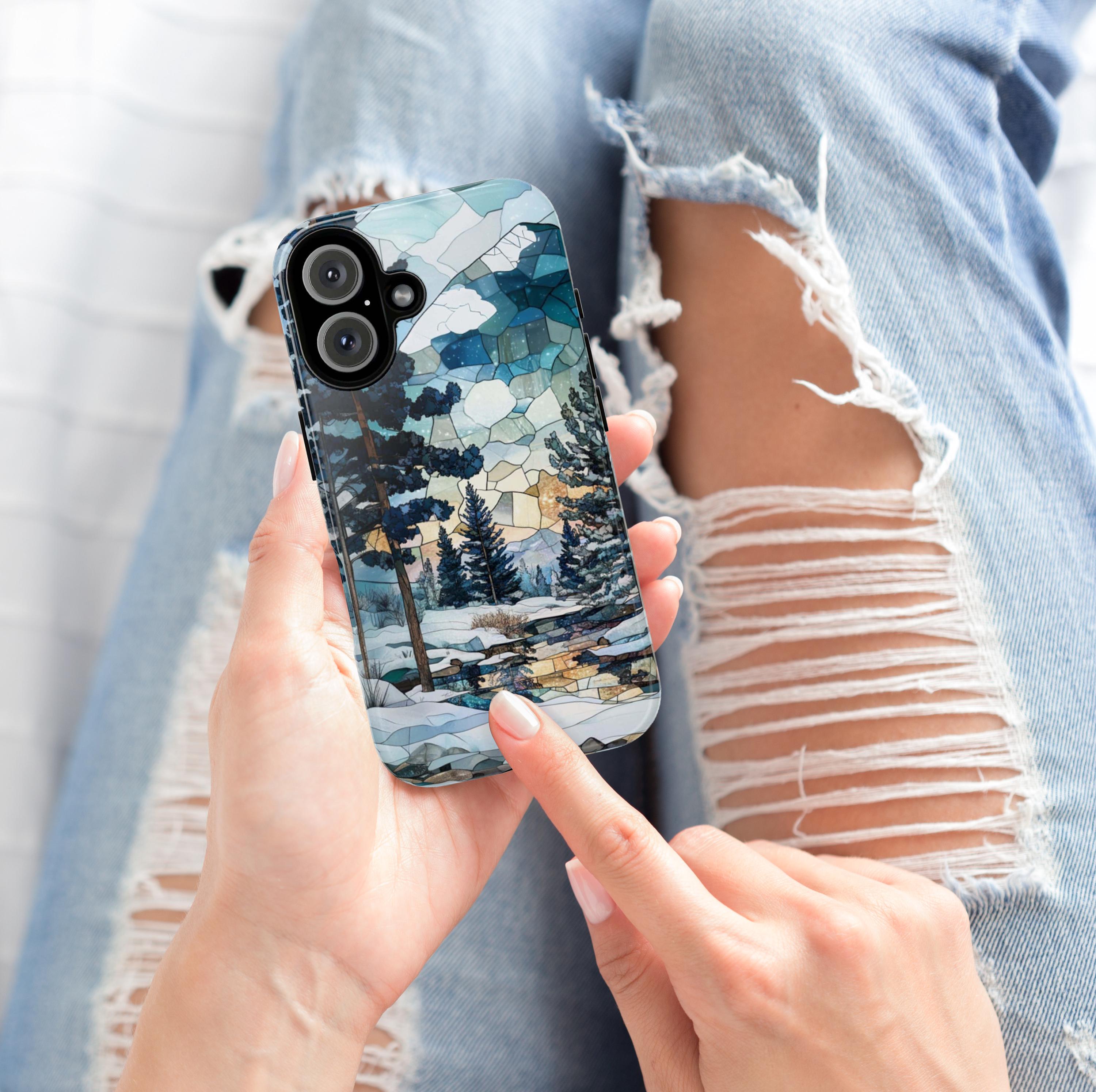 3D Winter Landscape Stained Glass Design Phone Case, Winter Forest Phone Cover for iPhone 15 14 13 12 11 8 Pro Max Plus, Samsung S25, 420.3