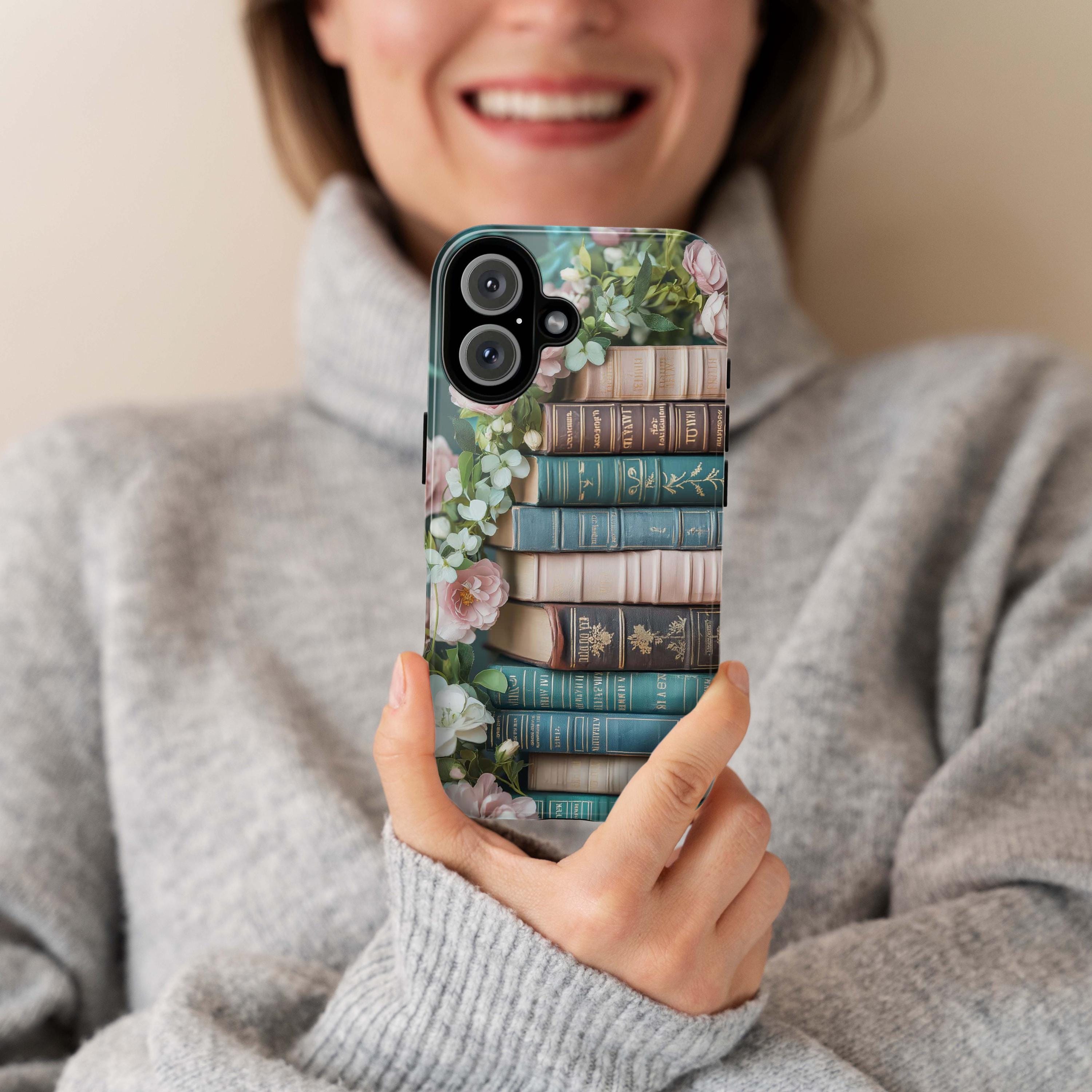 3D Books and Floral Phone Case, Pastel Literary Art Phone Case, Bookworms Gift Phone Cover for iPhone Magsafe, Samsung, 423.15