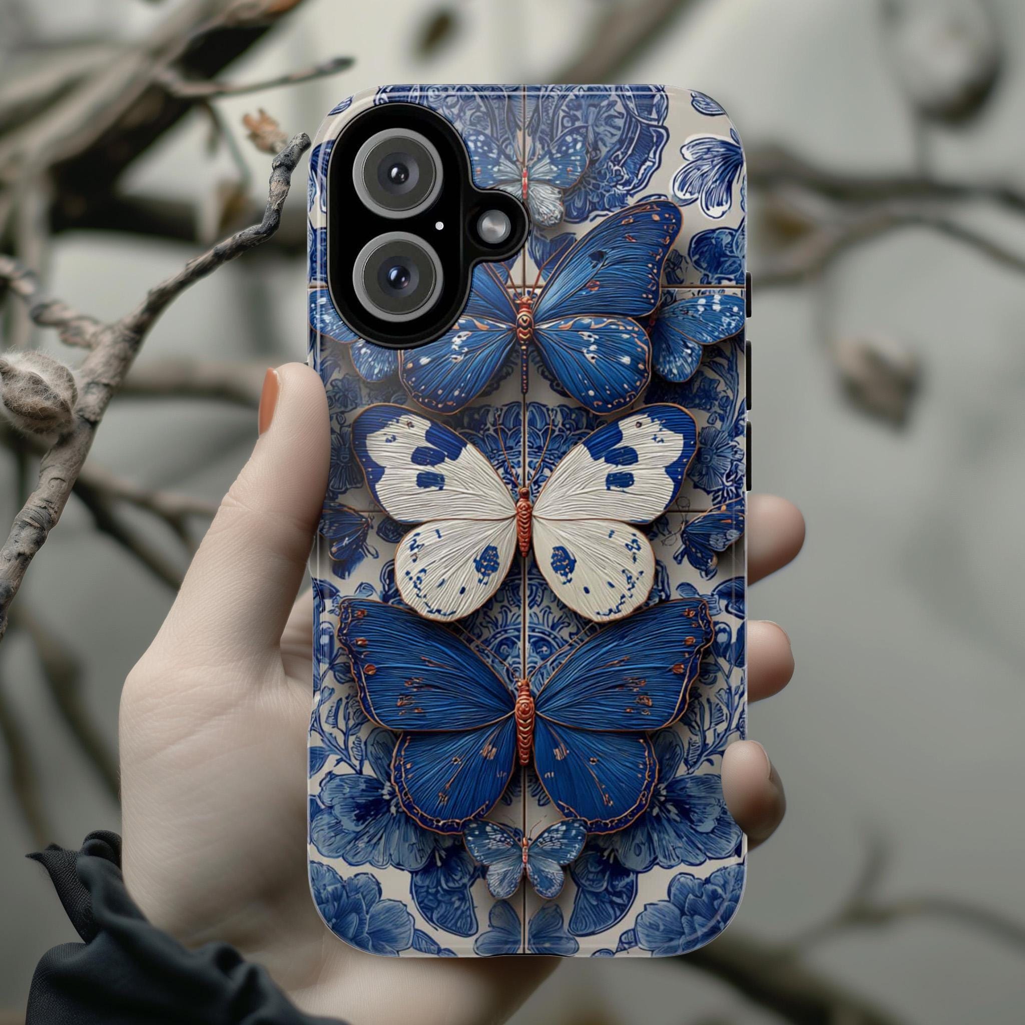 3D Blue Butterfly Phone Case with Tile Effec, Artistic Protective Smartphone Cover for iPhone Tough or Magsafe, Samsung, 476.27
