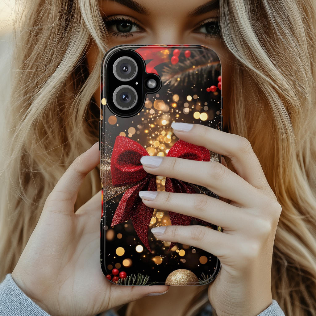 New Year's Eve party Phone Case | Red Gold Glitter Bow Phone Cover, Luxury Bow for iPhone 16 15 14 13 Magsafe of Tough Case, Samsung, 437.6