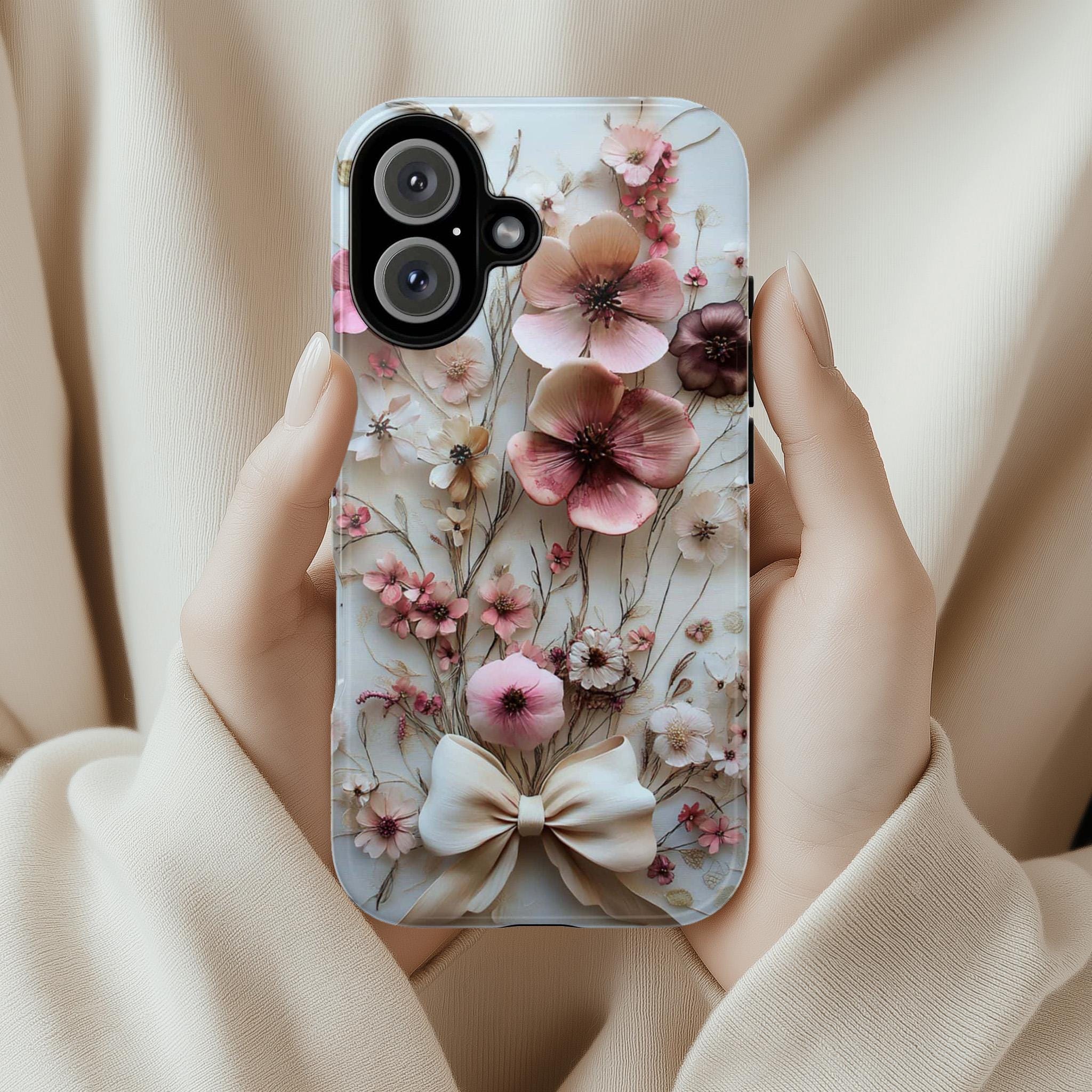 Spring Floral & Bow Phone Case, Pastel Bloom 3D Design, Coquette Case for iPhone 16 15 14 13 Pro Max Plus Magsafe, Samsung S24, 439.46