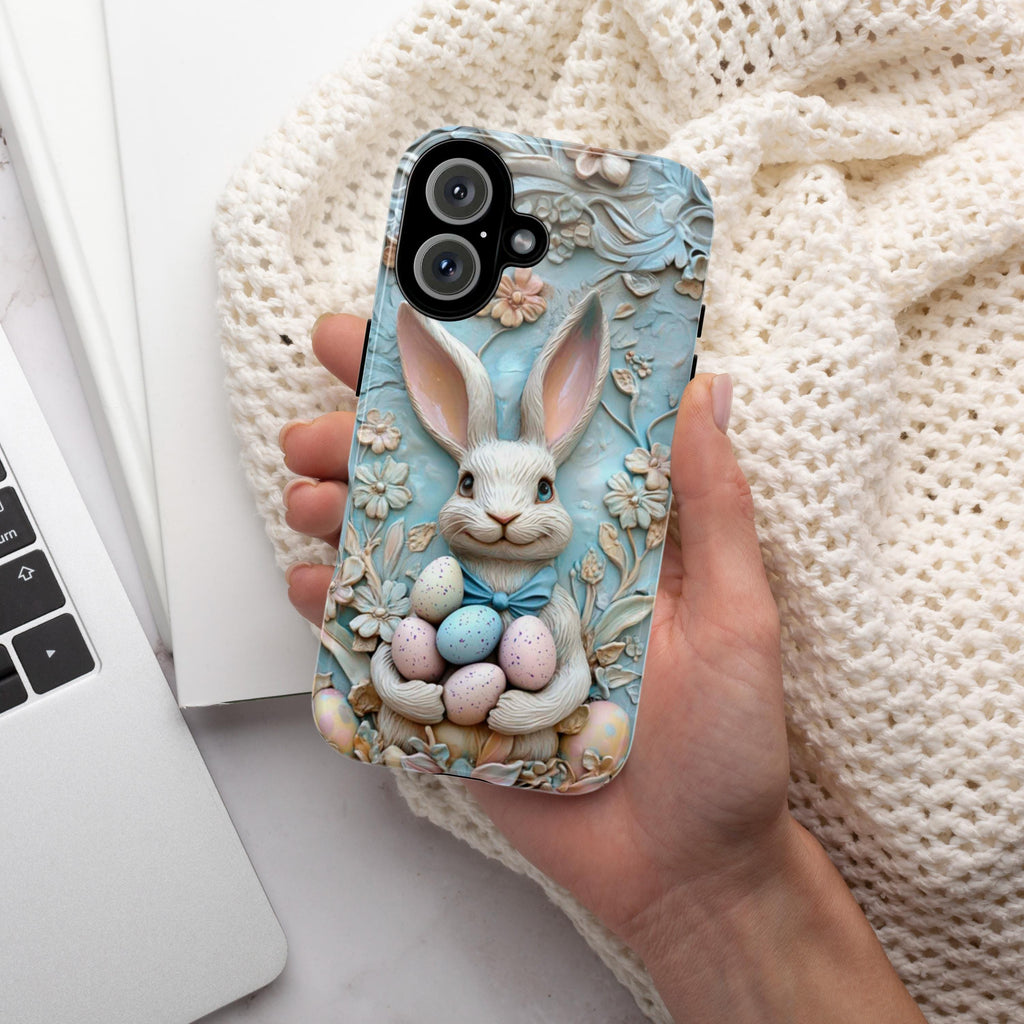 Easter Bunny & Egges 3D Style Phone Case, Spring Design Cute Pastel Rabbit Case for iPhone 16 15 14 13 Tough or Magsafe, Samsung, 464.5