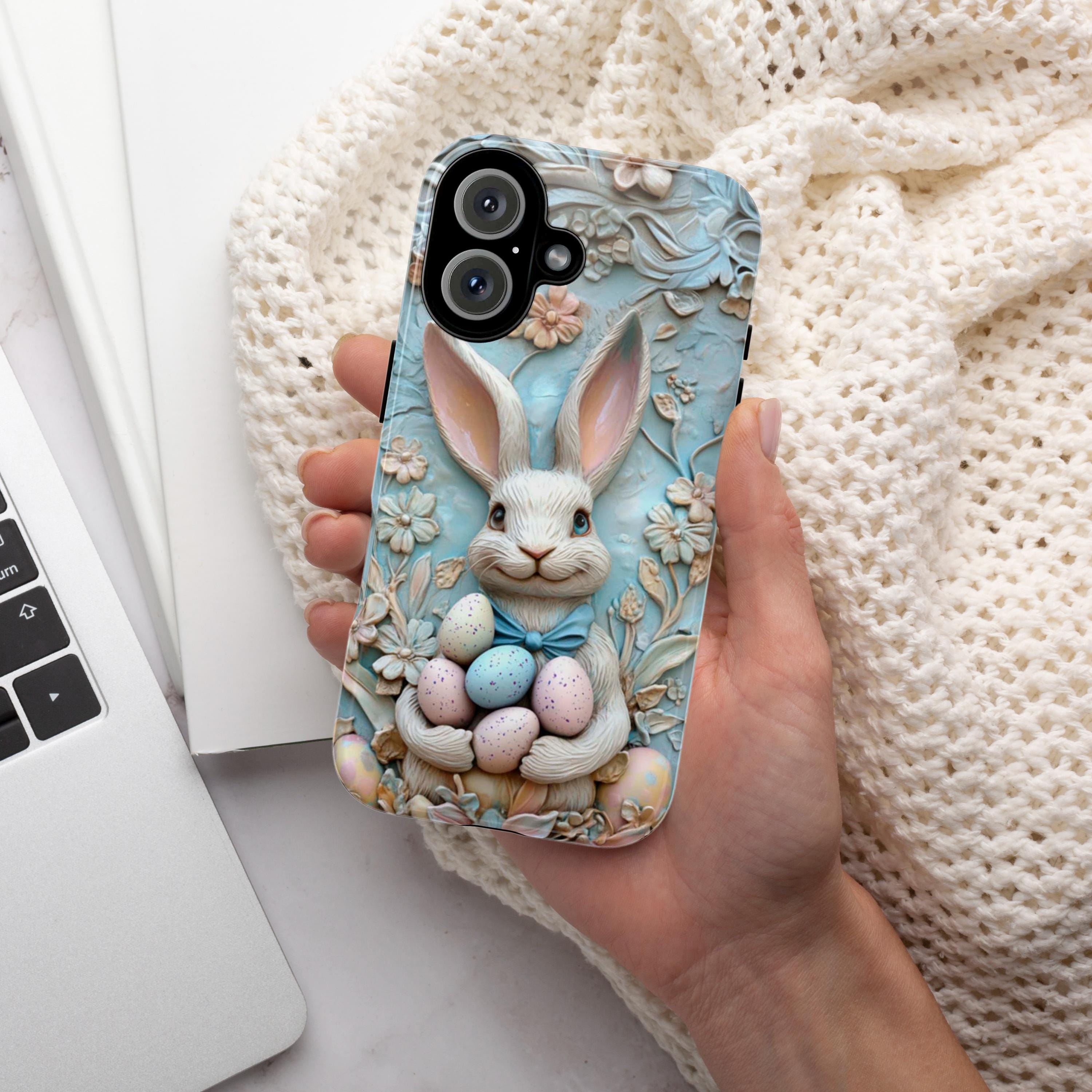 Easter Bunny & Egges 3D Style Phone Case, Spring Design Cute Pastel Rabbit Case for iPhone 16 15 14 13 Tough or Magsafe, Samsung, 464.5