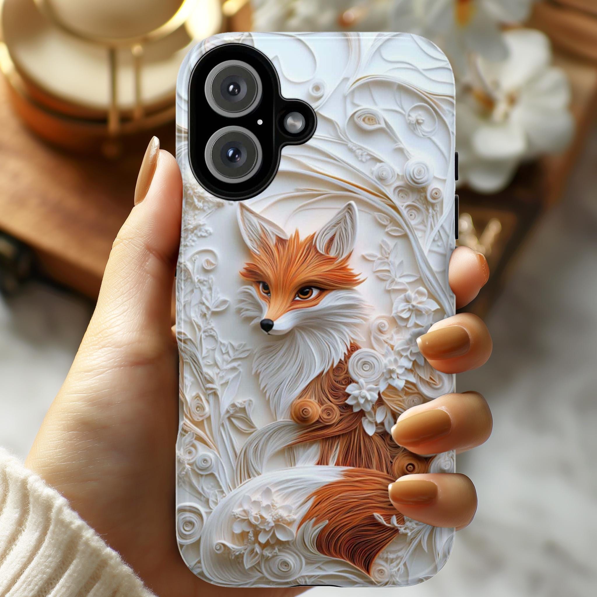 Fox and Floral Paper Art Phone Case, 3D Textured Fox Lover Gift Phone Cove, Artistic Paper Style Cover for iPhone Tough or MagSafe, 470.13
