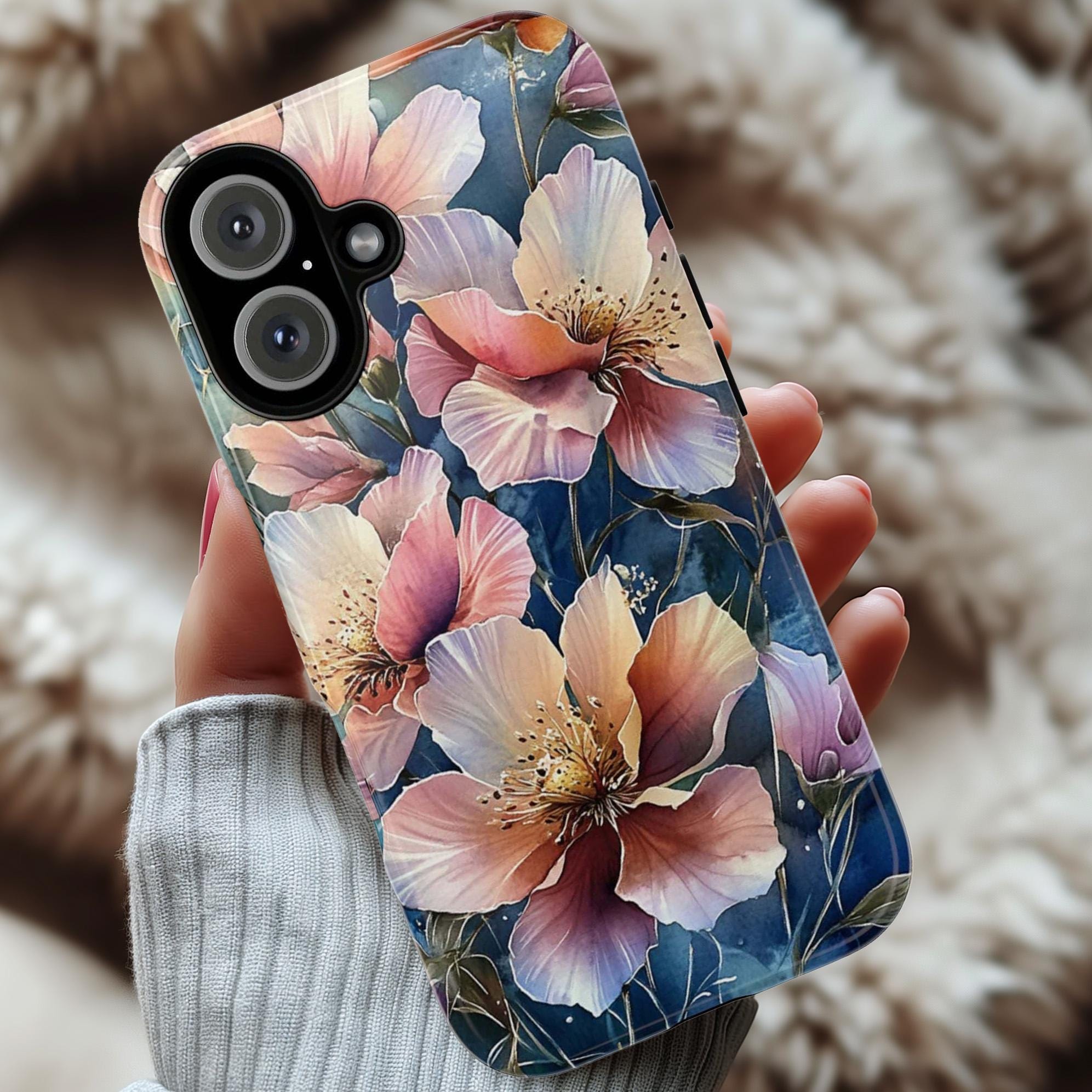Vintage Style Phone Case, Pink Lilies Design Phone Cover, Feminine & Elegant Accessory for iPhone Tough or Magsafe, Samsung, 476.9