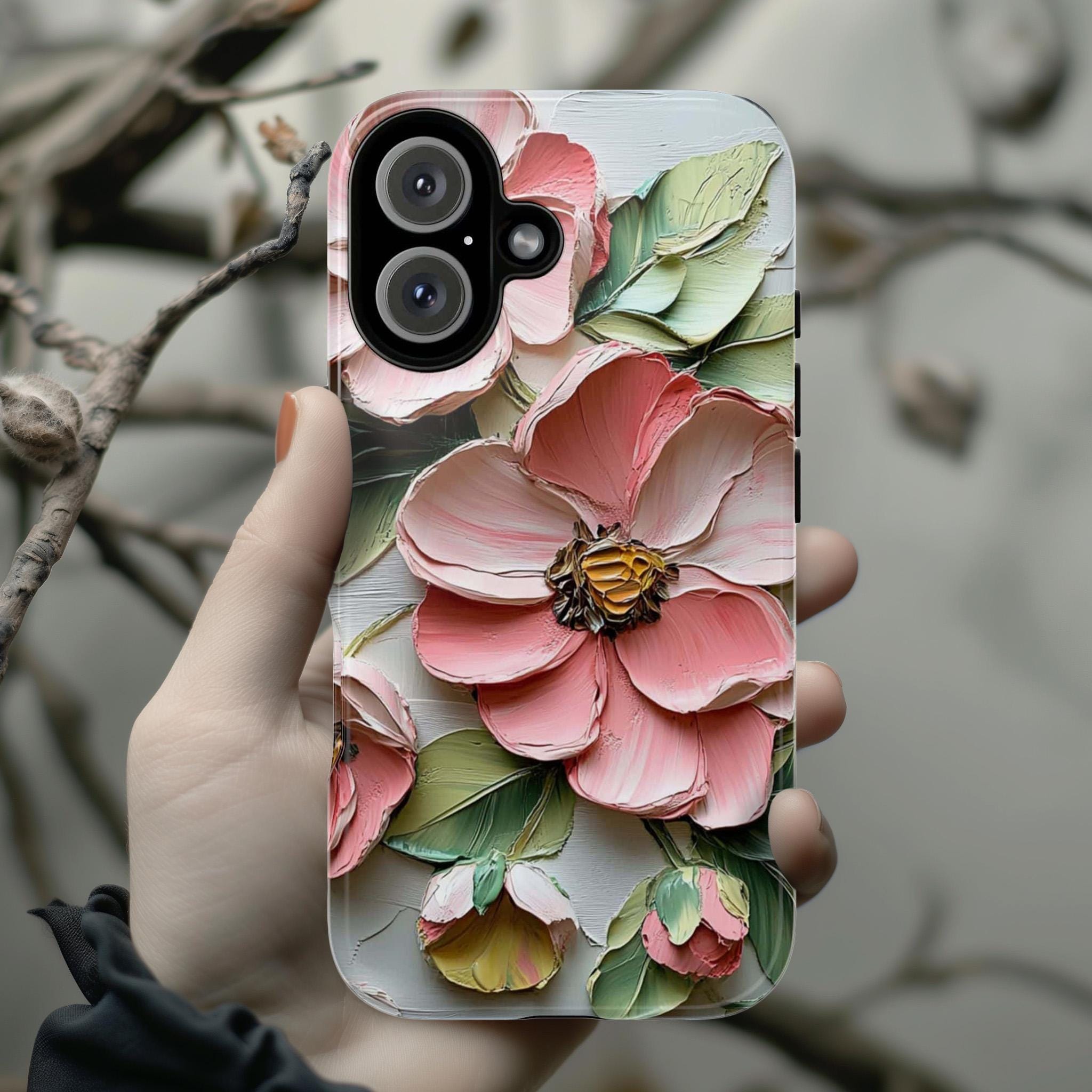 Floral Phone Case with Anemone & Rose, Nature Oil Painting, Botanical Blossom Art Cover for iPhone 16 Tough or Magsafe, Samsung S25, 439.51