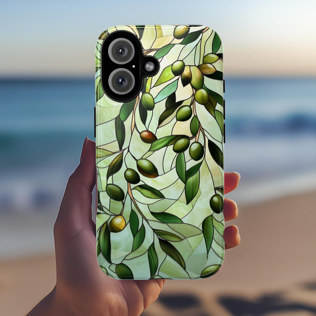 Pastel Olives Stained Glass Phone Case, 3D Green Olive Branch Magsafe for iPhone 16 15 14 13 12 11 Pro Max Plus / Samsung S24 Pixel, 418.7