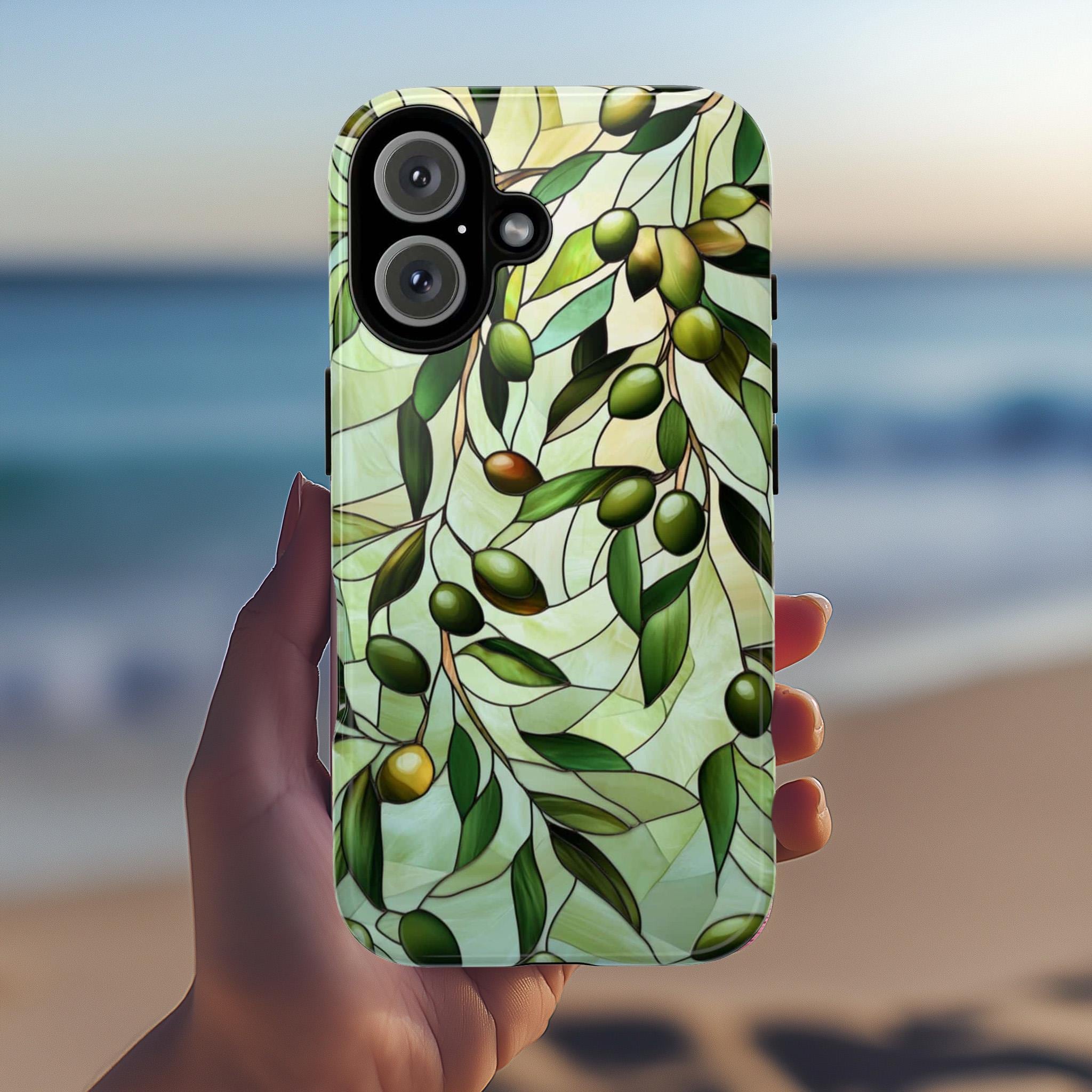 Pastel Olives Stained Glass Phone Case, 3D Green Olive Branch Magsafe for iPhone 16 15 14 13 12 11 Pro Max Plus / Samsung S24 Pixel, 418.7