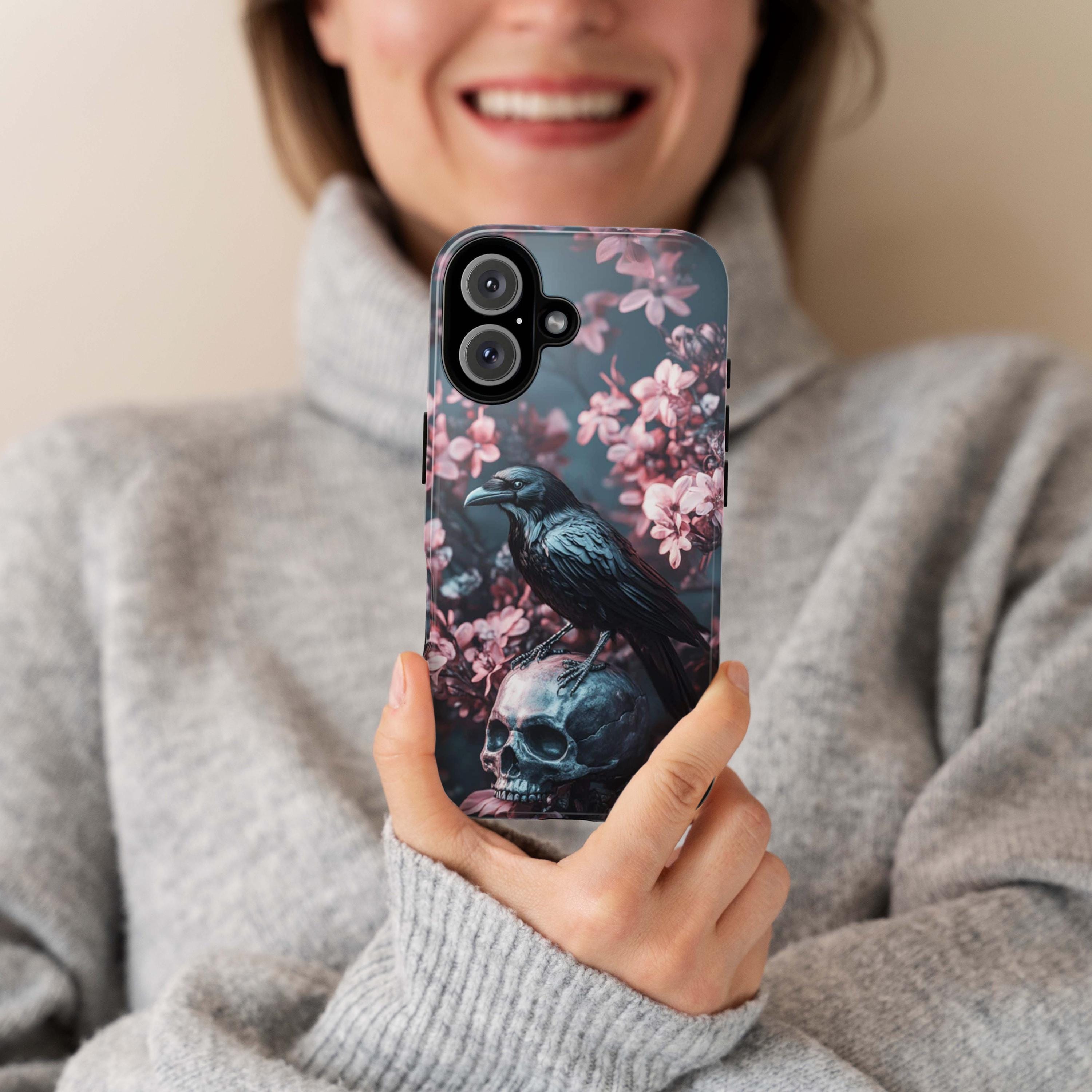 Dark Gothic Raven and Skull Phone Case, Pink Floral Design Phone Case for iPhone 16,15 Magsafe, Samsung Galaxy S25, Pixel 9, 422.11
