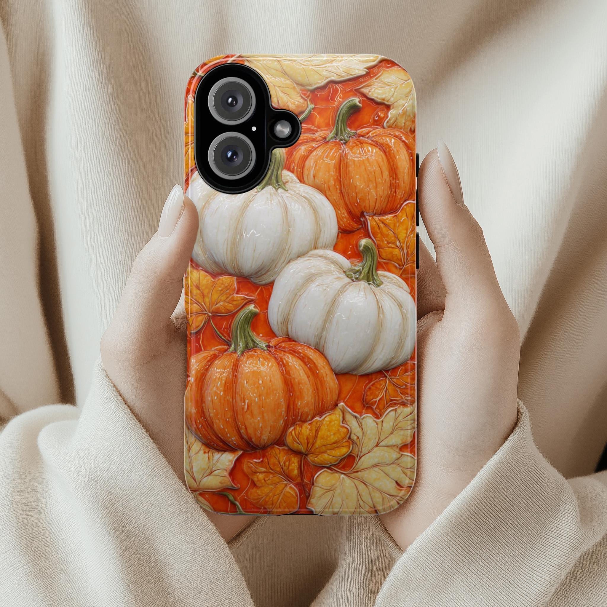 3D Autumn Pumpkin Phone Case, Orange Fall Lovers Phone Case, Festive Seasonal Cover for iPhone 16 15 14 Tough or Magsafe, Samsung, 475.17